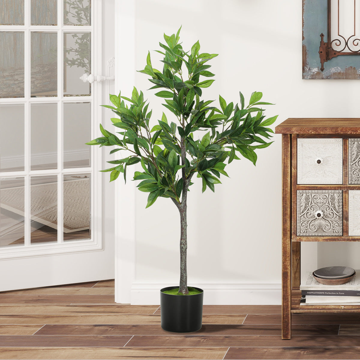 Potted Fake Plant, Lifelike Laurel Artificial Tree with 345 PEVA Leaves for Home Decor, Green