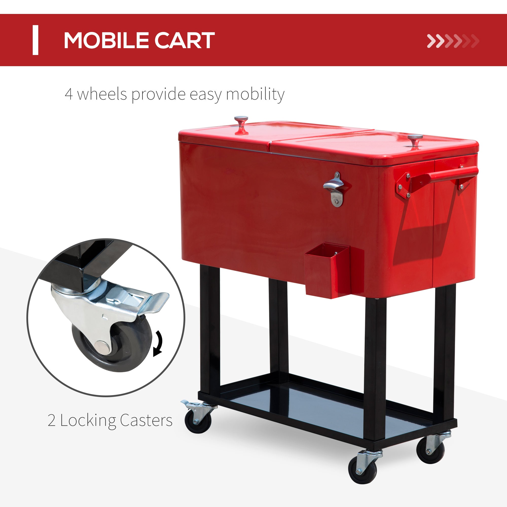 80 QT Rolling Cooling Bins Ice Chest on Wheels Outdoor Stand Up Drink Cooler Cart for Party, Red