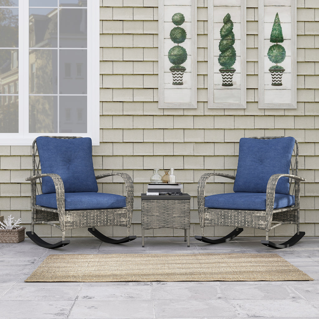 3 Piece Wicker Patio Furniture Set, Outdoor PE Rattan Rocking Chairs with Coffee Table, Cushions for Porch, Gray