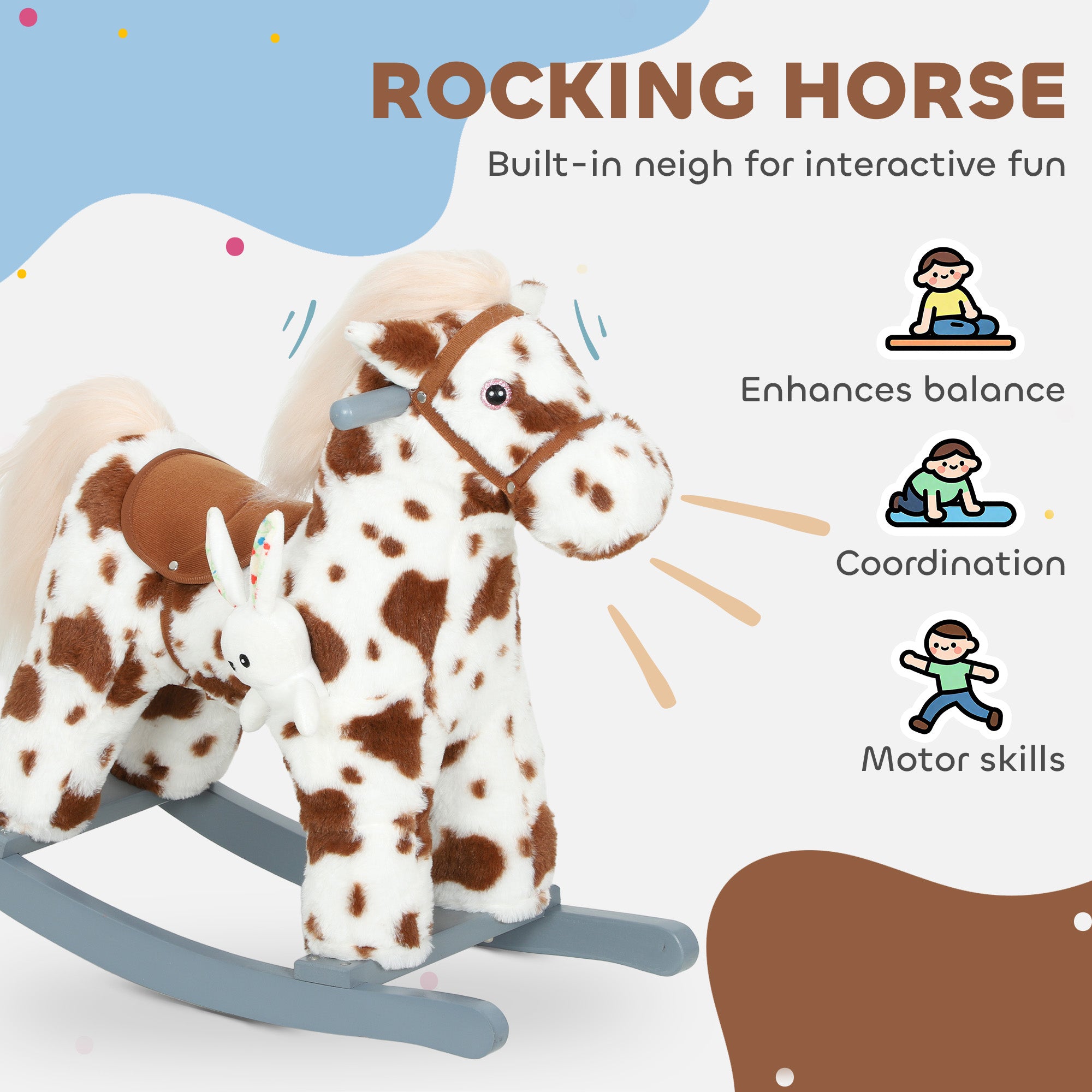 Rocking Horse, Animal Rocker with Rabbit Toy and Realistic Neigh for Toddlers, Soft Filling Ride on Pony, Brown