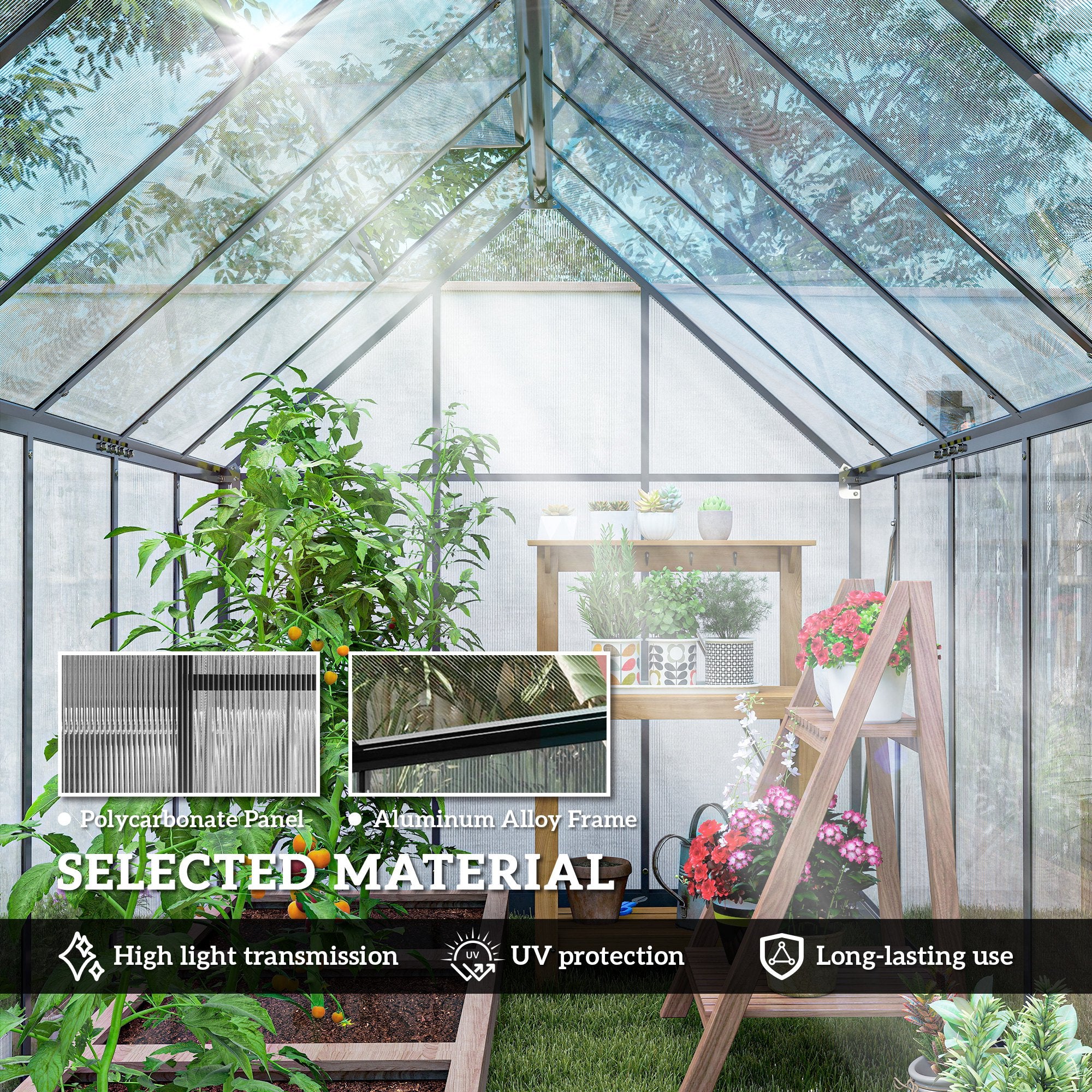 Polycarbonate Greenhouse with Swing Door and Two Adjustable Roof Vents, Aluminum Walk-in Greenhouse, 11x6 ft, Black