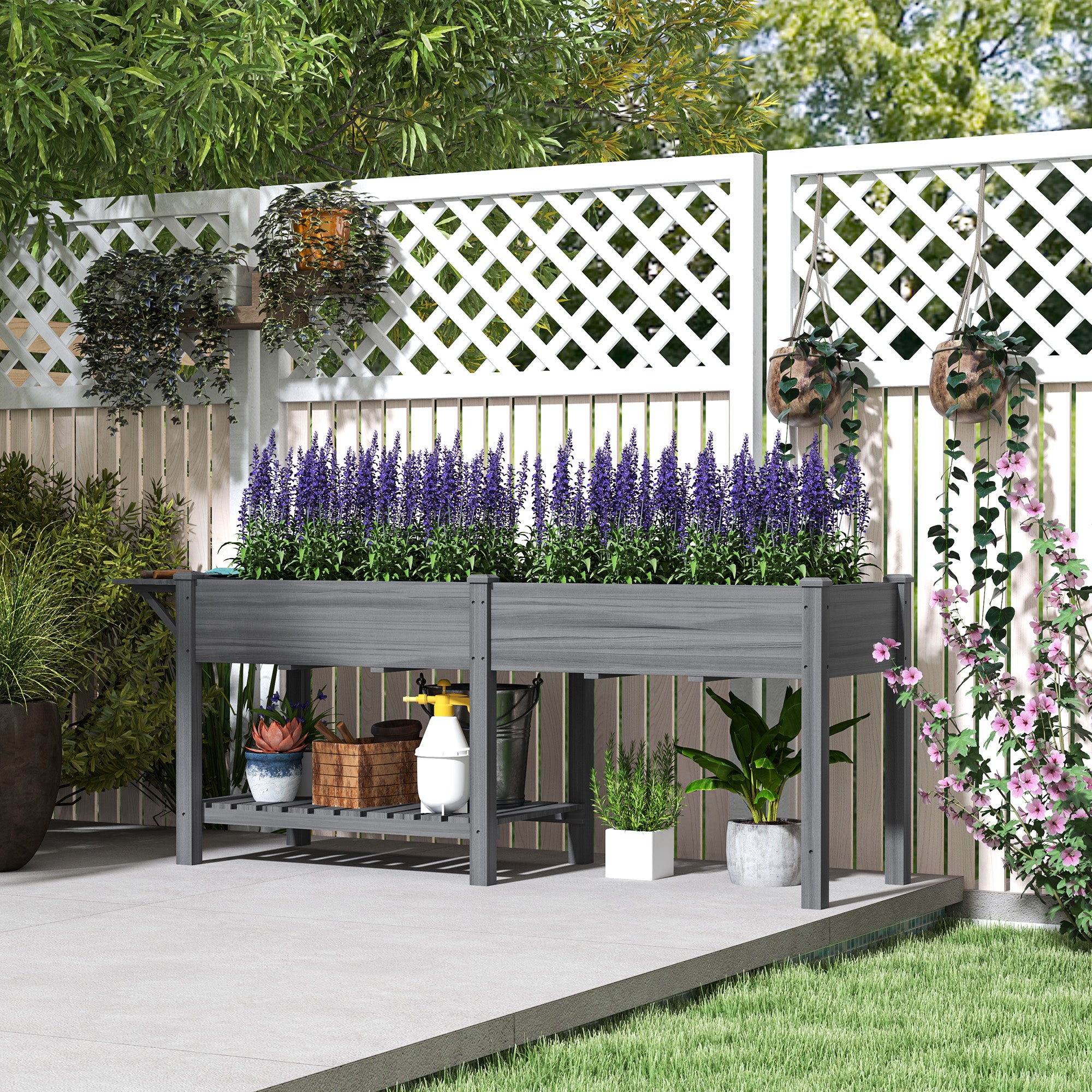 Wood Raised Garden Box, Elevated Garden Bed with Side Table, Bottom Shelf, Bed Liners and Drainage Holes, Gray