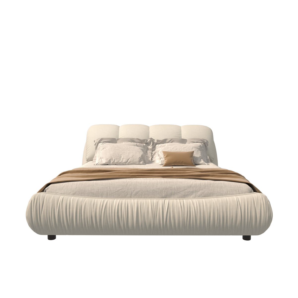 King Size Upholstered Bed with Oversized Padded Backrest, Solid Wood Frame, Adjustable Mattress Heights, 96.5" L x 86" W x 43.5" H, Beige