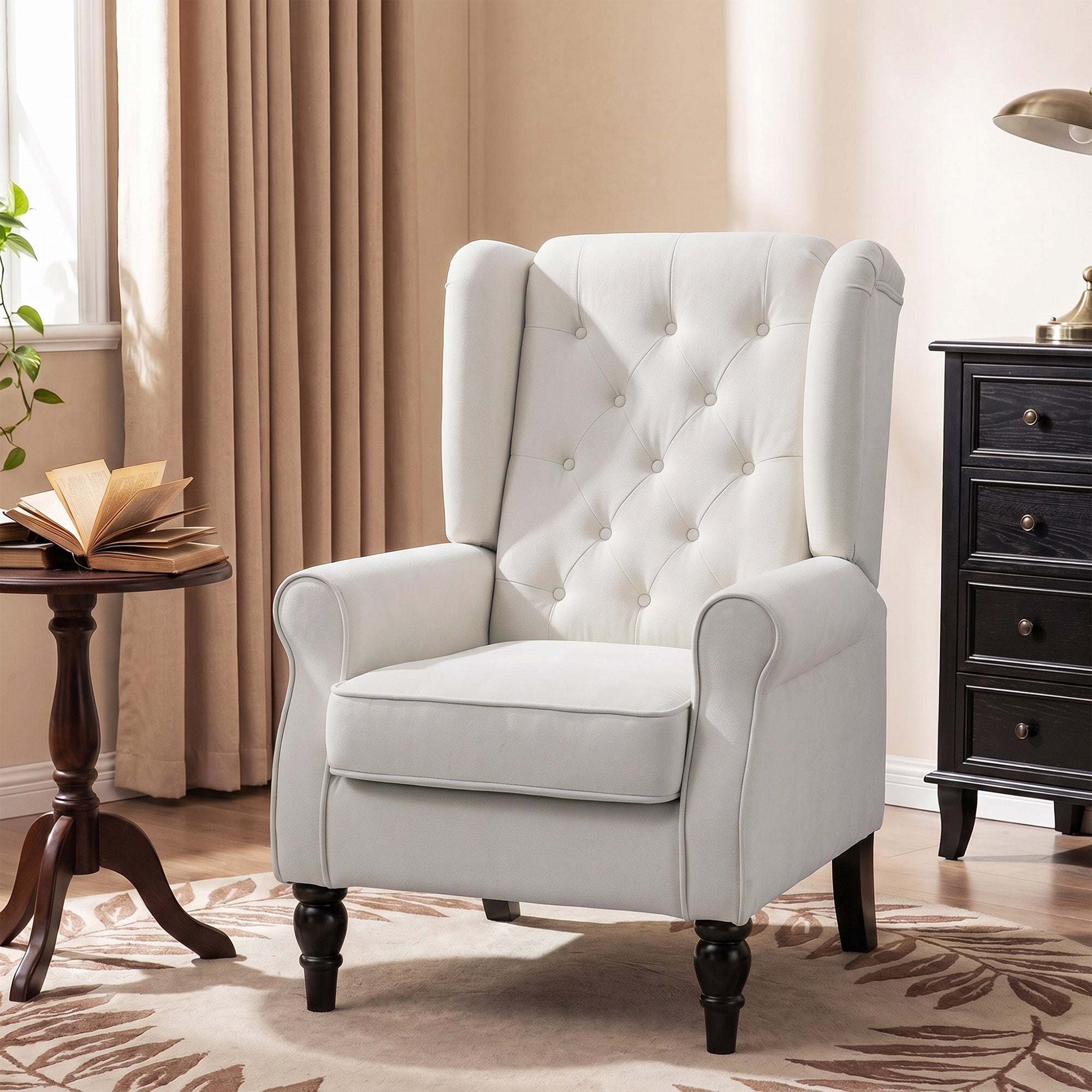 Button-Tufted Accent Chair with High Wingback, Rounded Cushioned Armrests and Thick Padded Seat, Cream White