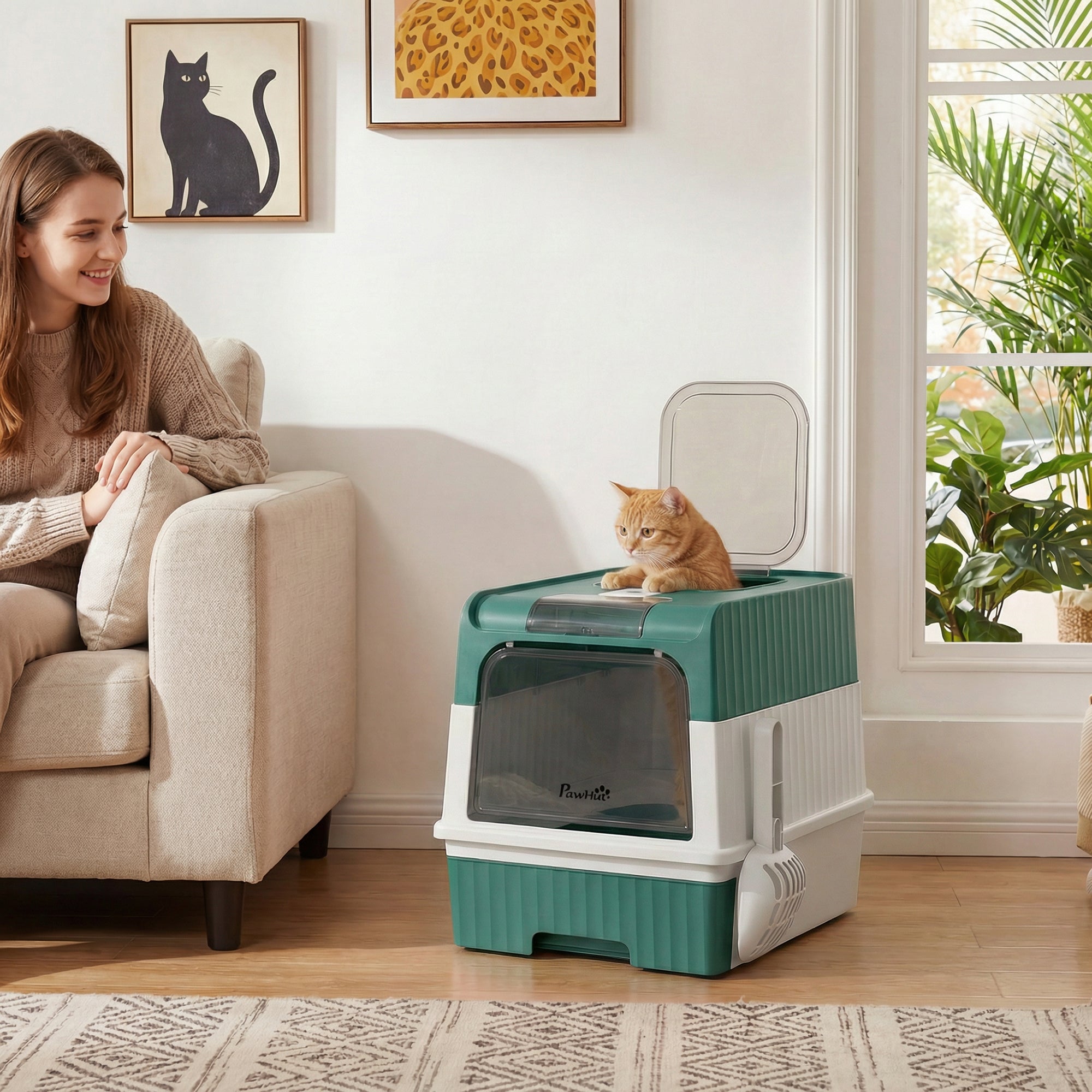 Cat Litter Box Hooded Cat Litter Tray with Drawer Pan Front Entry & Top Exit Easy Cleaning Teal