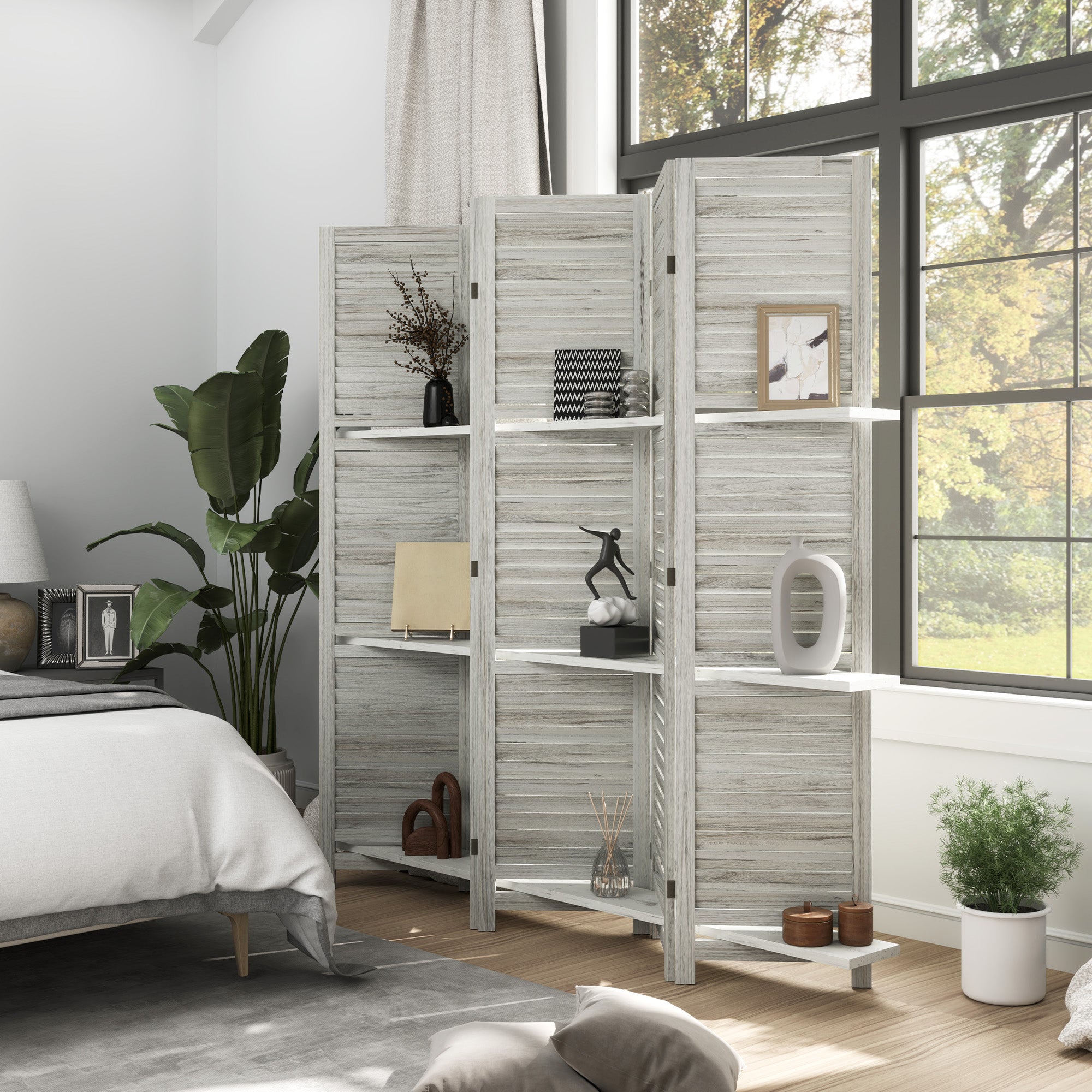 5 Panel 67" Tall Wood Privacy Screen Room Divider with 3 Shelves and Folding Storage for Bedroom, Distressed White