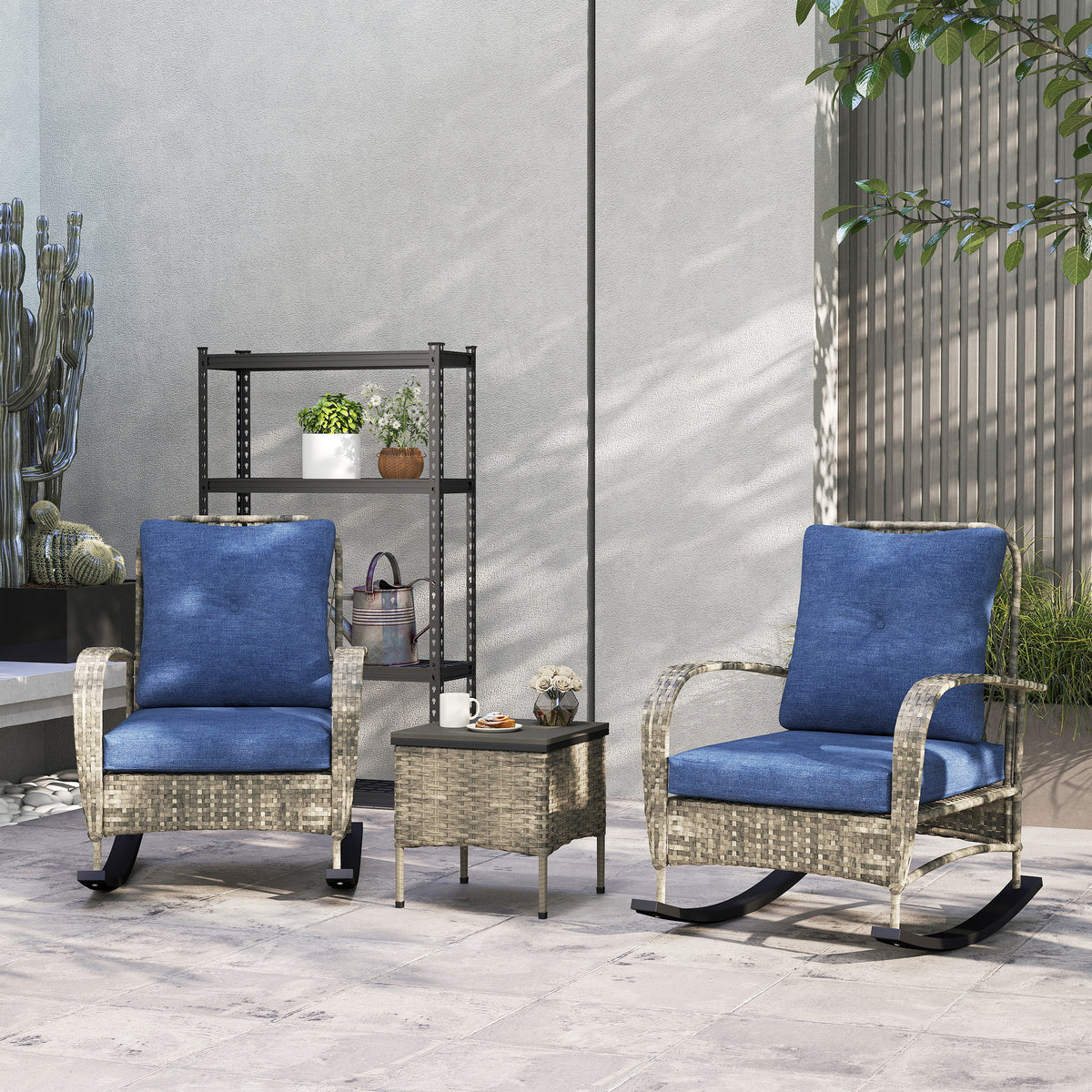 3 Piece Wicker Patio Furniture Set, Outdoor PE Rattan Rocking Chairs with Coffee Table, Cushions for Porch, Gray