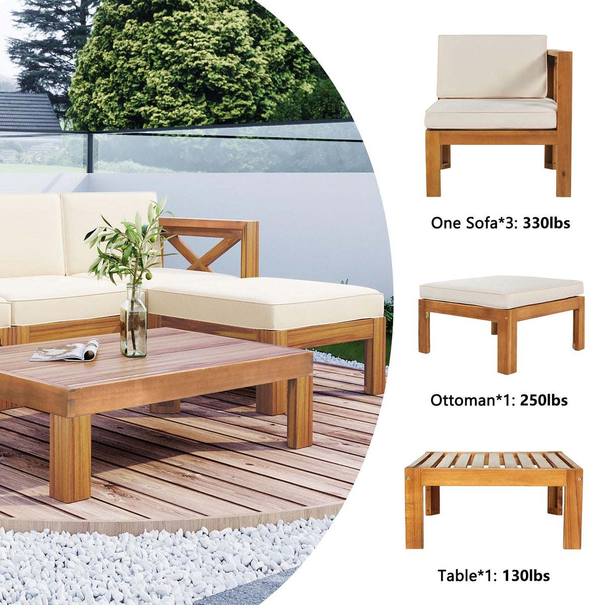 Casual Outdoor Sectional Sofa with Wood Frame & Cushions, Patio Seating Group for Backyard, 25.5" L x 25.5" W x 25.5" H, Beige