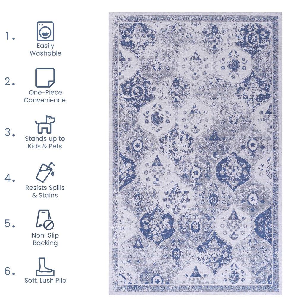 2x10 Low-Pile Non-Slip Non-Shedding Washable Area Rug, Kid and Pet Friendly, Foldable Carpet for Bedroom, Kitchen, Dining Room, Blue