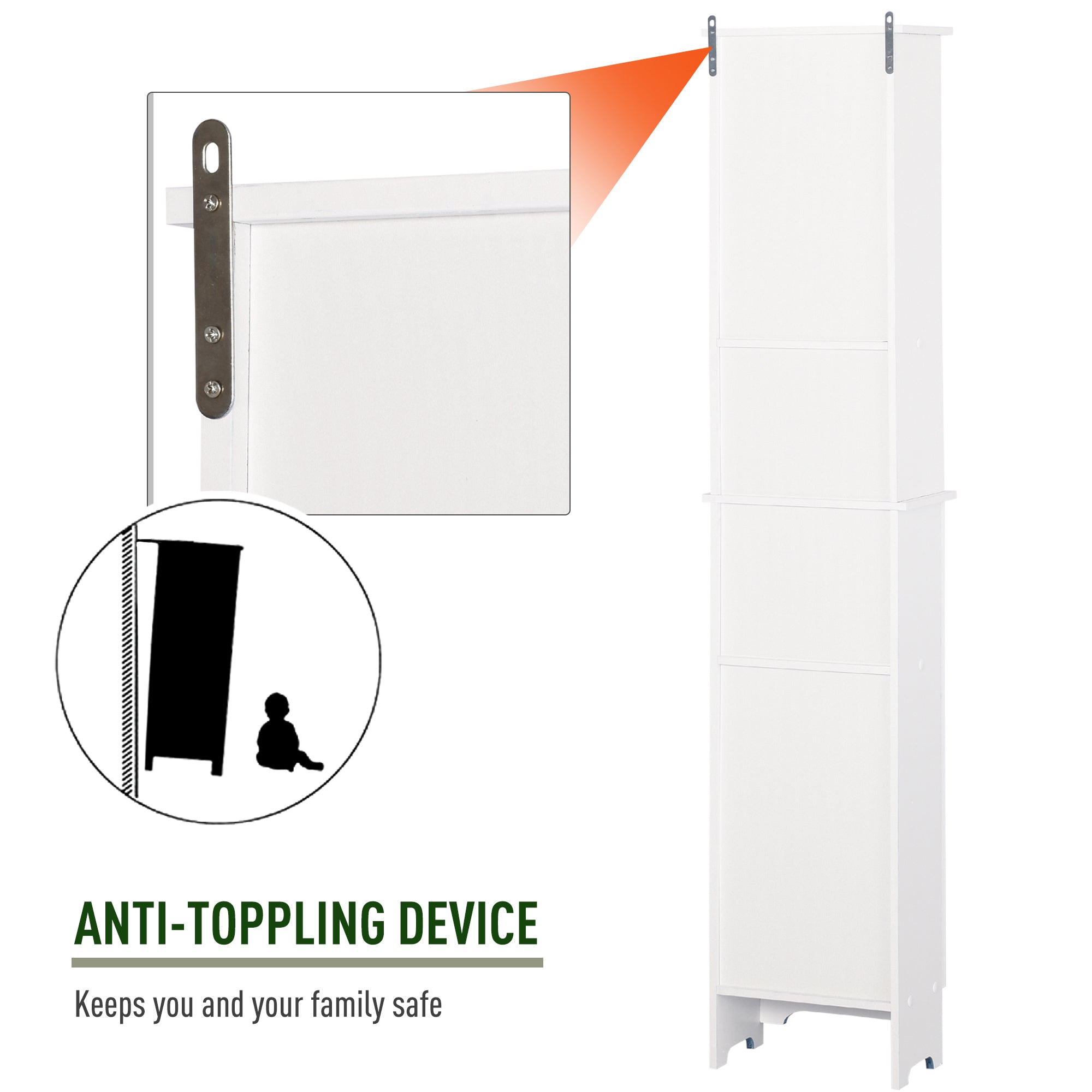 Tall Bathroom Storage Cabinet/Freestanding Linen Tower with 3-Tier Open Adjustable Shelf and Cupboard, White