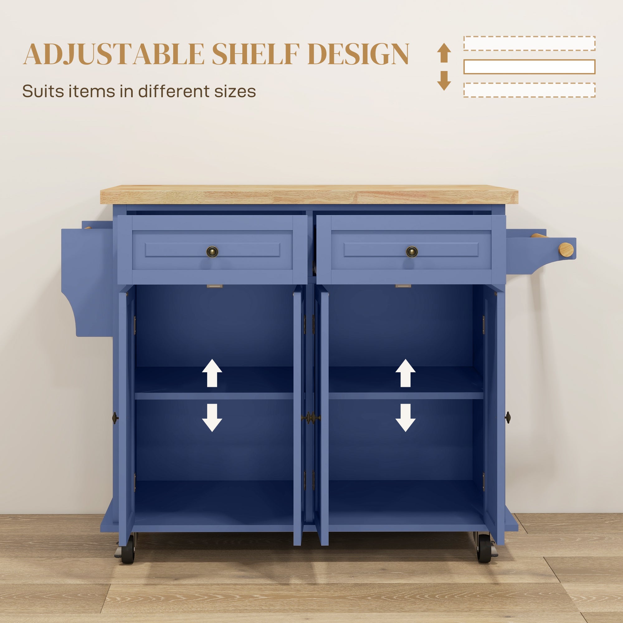 Kitchen Island on Wheels, Rolling Cart with Rubberwood Top, Spice Rack, Towel Rack and Drawers, Navy Blue