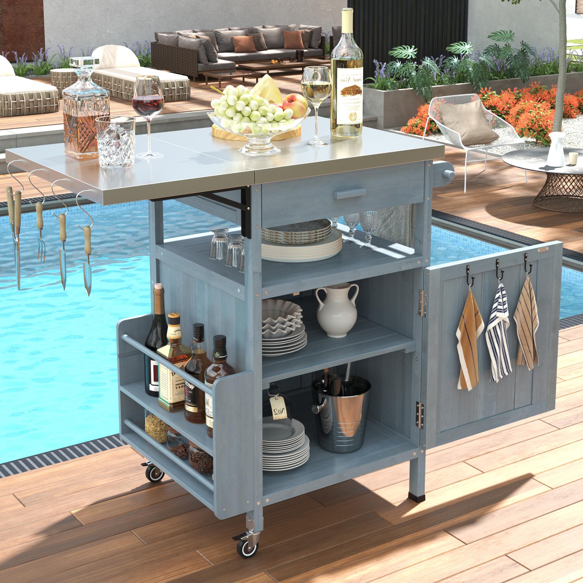 Outdoor Grill Cart with Stainless Steel Top, Storage Cabinet, Drop Leaf, Drawer, Towel Rack, Lockable Wheels, 40.5" L x 21" W x 36.3" H, Blue+Grey
