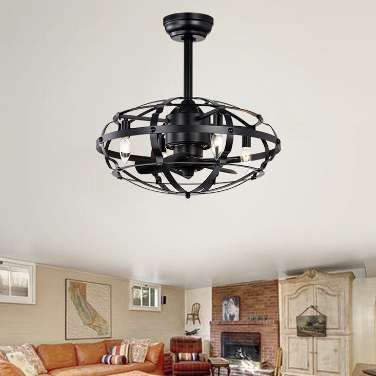 Industrial Bladeless Ceiling Fan with Lights, 18" Caged Design, Reversible Motor, Remote Control, Downrod Mount, E12 Standard Base, Matte Black
