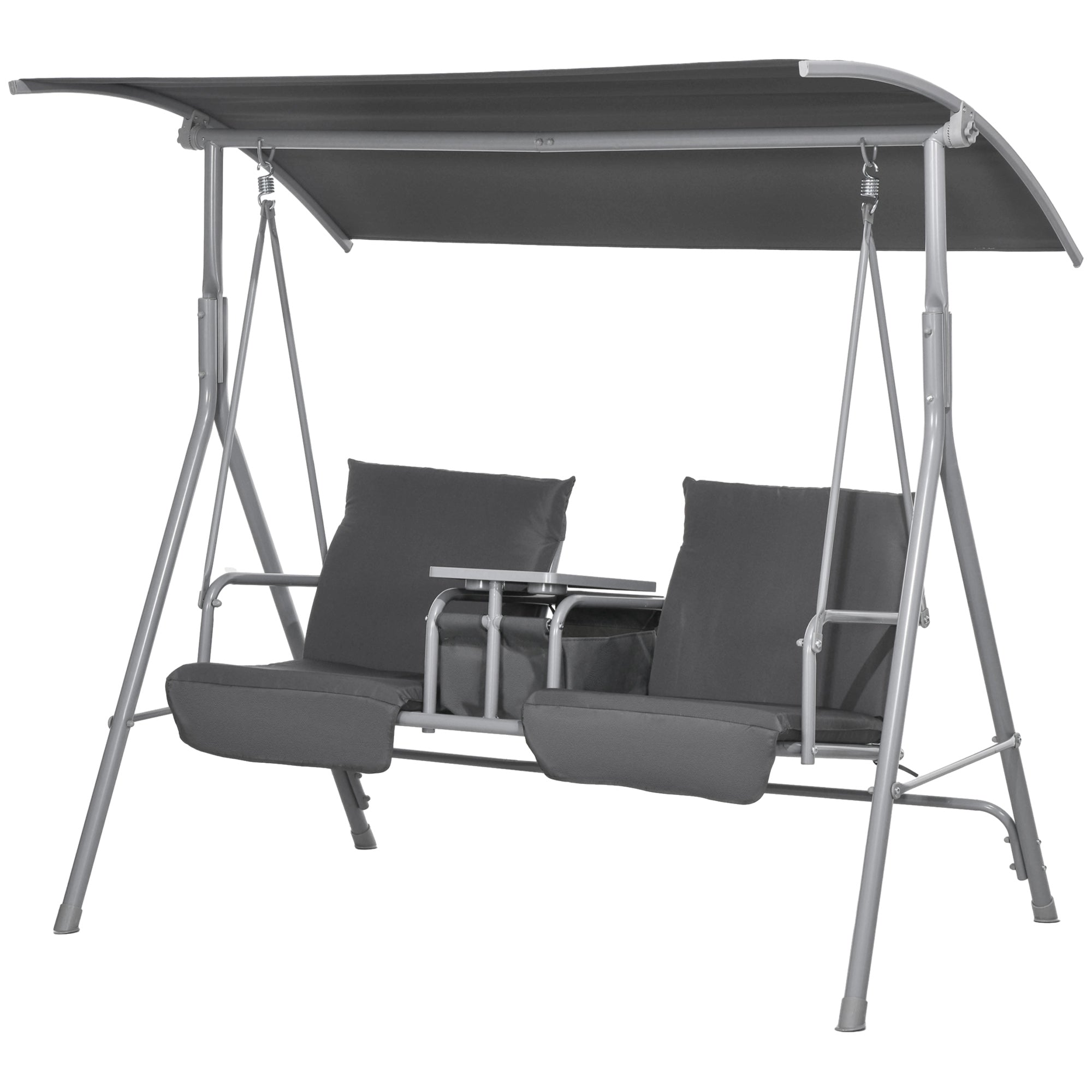 2-Seater Outdoor Porch Swing with Canopy and Table, Patio Swing Chair for Garden, Poolside, Backyard, Gray