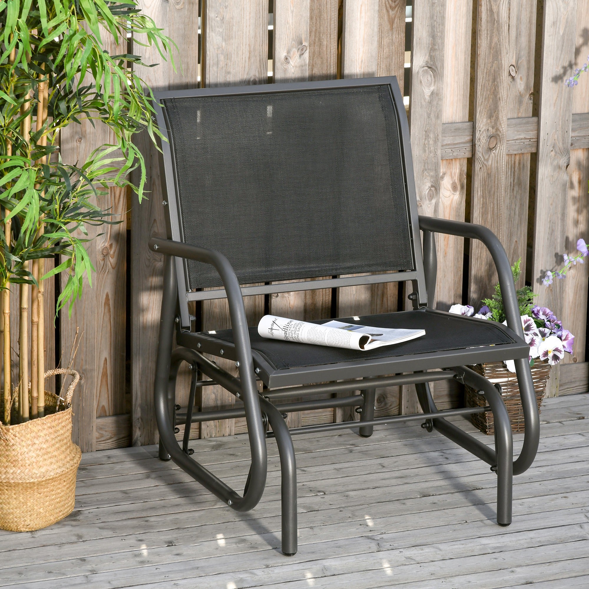 Outdoor Glider Chair, Steel Swing Chai with Curved Armrests for Porch, Garden, Poolside, Balcony, Black