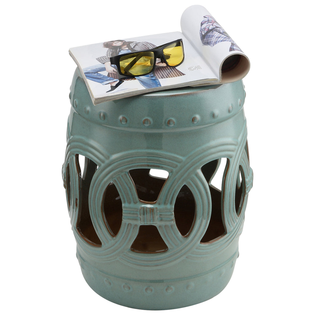 14" x 17" Ceramic Garden Stool with Double-Coin Knotted Ring Design & Strong Glazed Material, Decorative End Table, Home Collection, Antique Blue