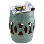 14" x 17" Ceramic Garden Stool with Double-Coin Knotted Ring Design & Strong Glazed Material, Decorative End Table, Home Collection, Antique Blue