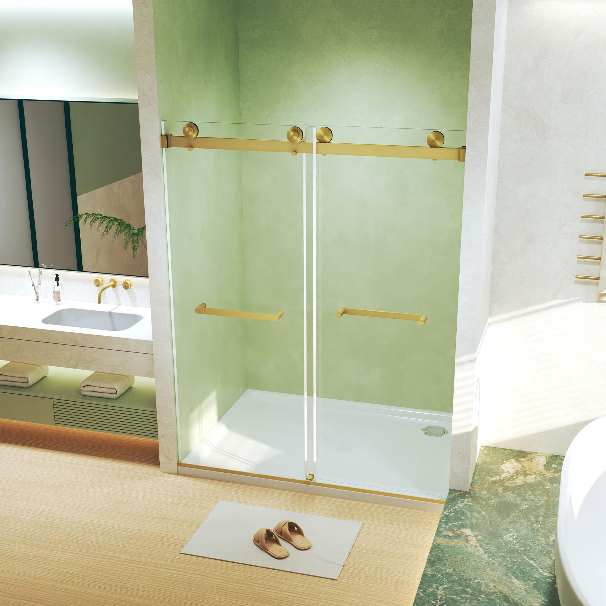 Frameless Double Sliding Shower Door with Silent Rollers, Bathroom Door with Square Tube Track, 60" L x 0.5" W x 74" H, Brushed Gold