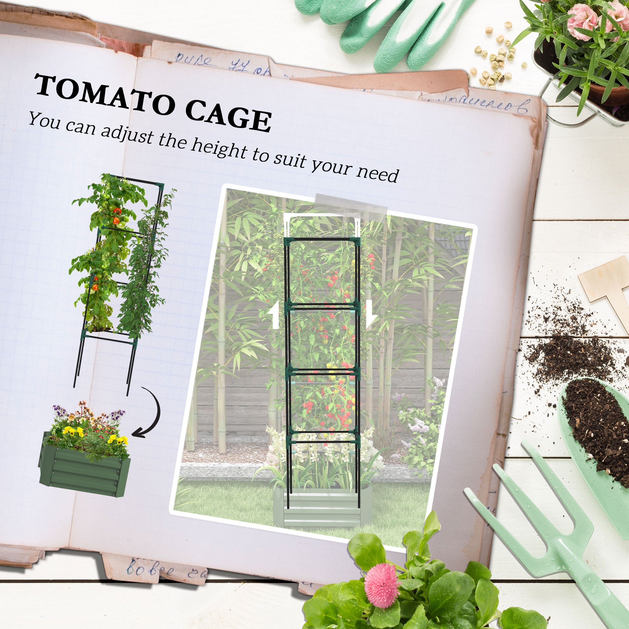 Galvanized Planter Box, 24" x 24" x 73.5" Raised Garden Bed with Tomato Cage for Climbing Vines, Green