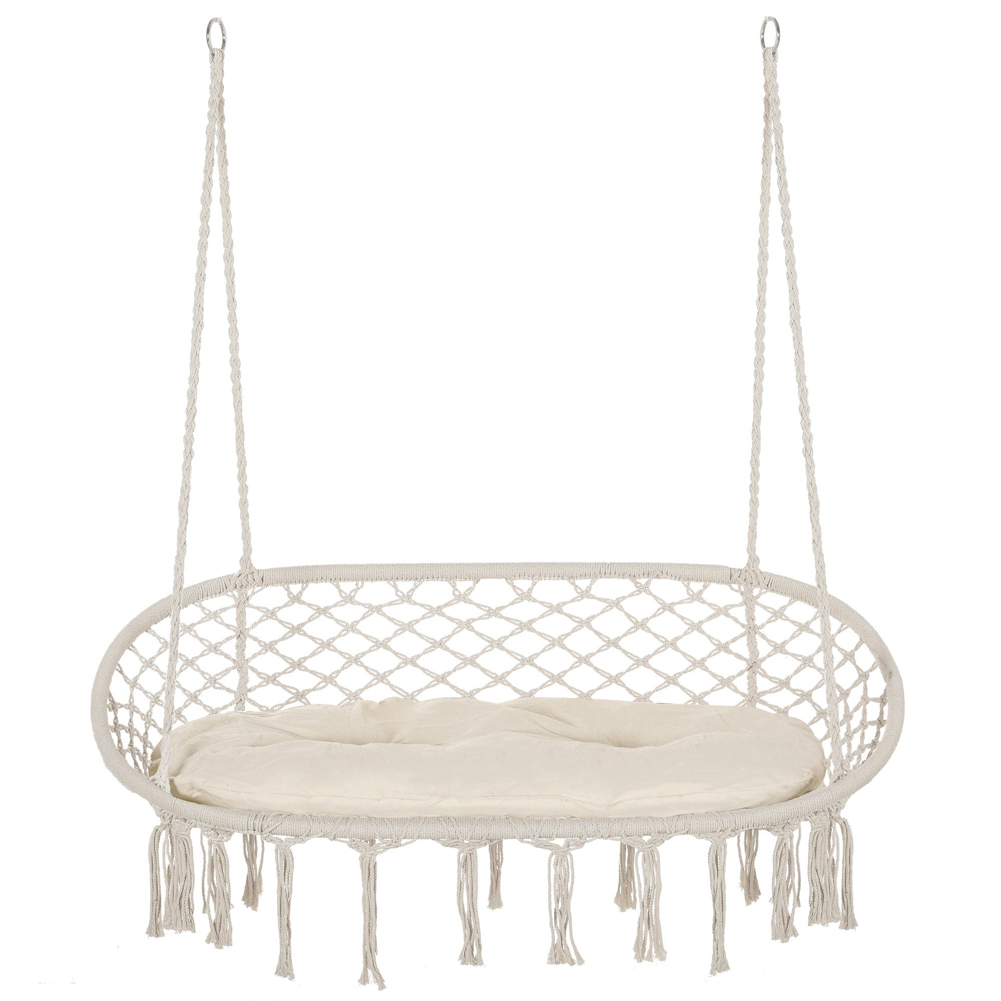 2-Person Hammock Chair Macrame Swing with Soft Cushion, Hanging Cotton Rope Chair for Indoor Outdoor Home Patio Backyard, White