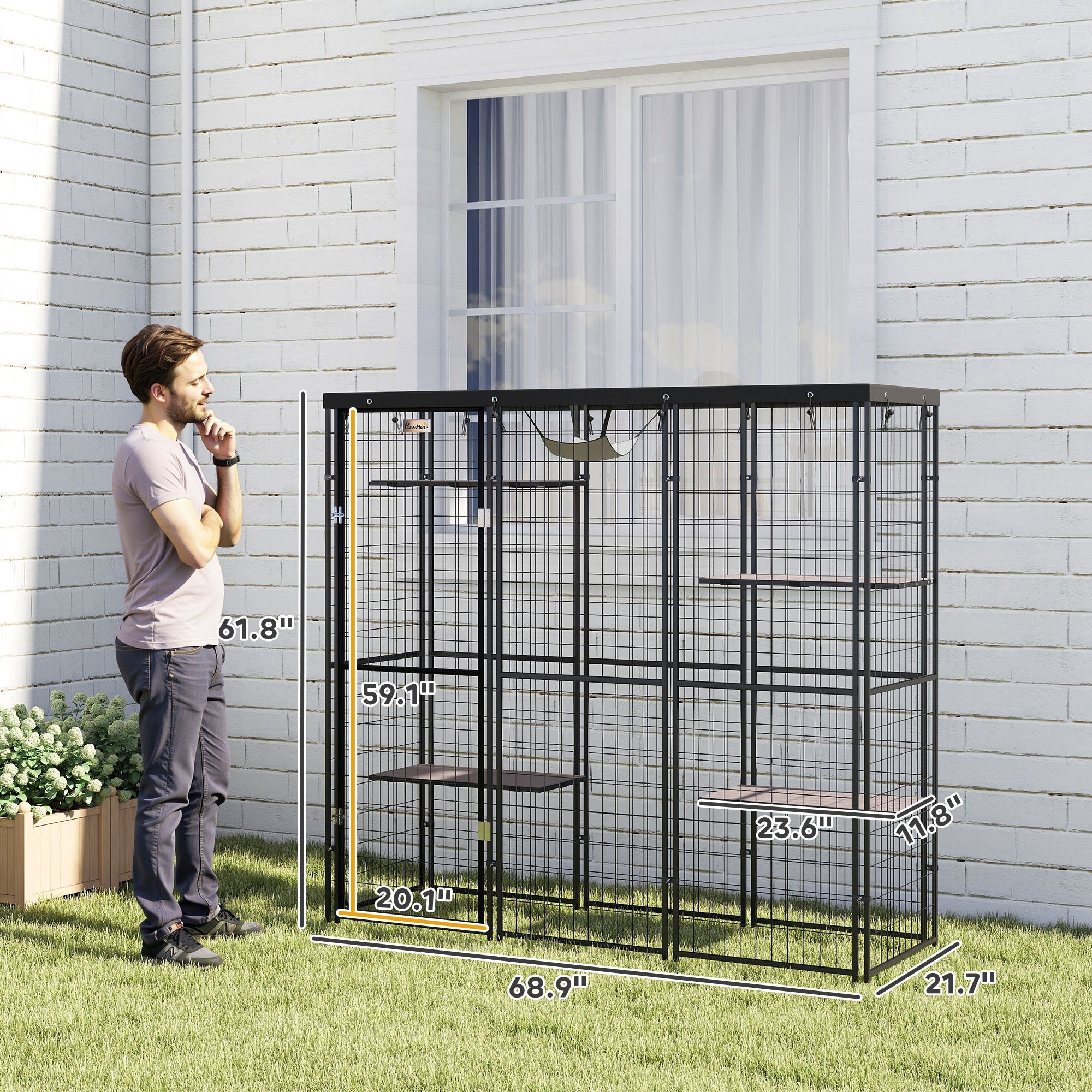 Weld Wire Catio Outdoor Indoor with Waterproof Cover, 4 Jumping Platforms, Hammock, for 1-3 Kittens, 69" x 22" x 62"