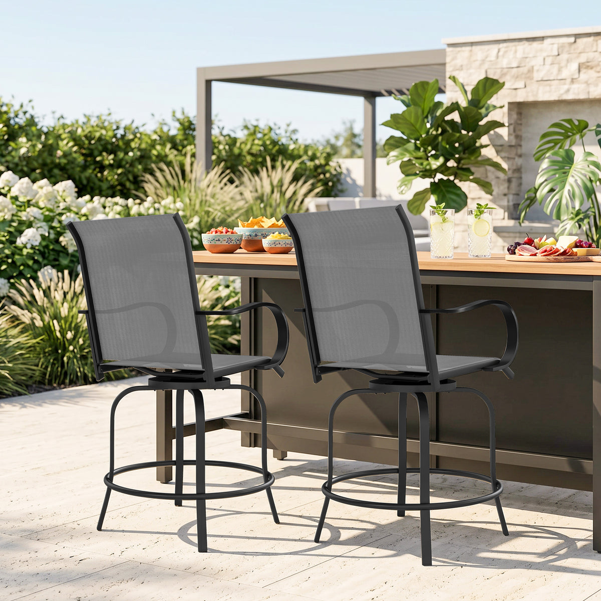 Outdoor Bar Stools Set of 2, 360° Swivel Bar Height Chairs, 26.75" x 29.5" x 48.5", Gray