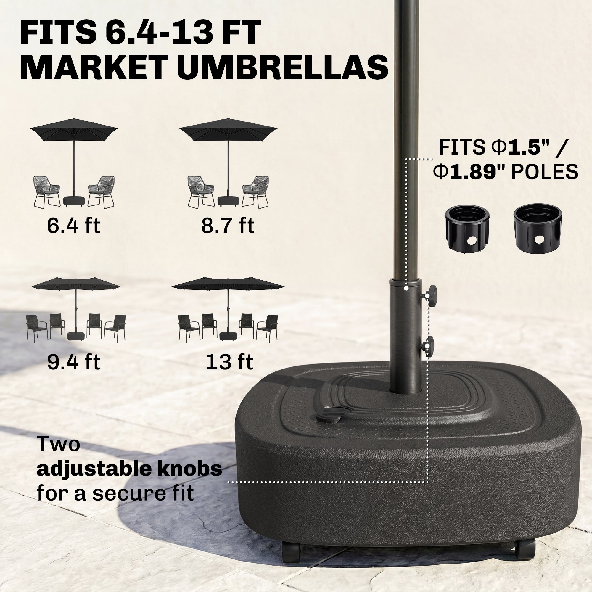 Patio Umbrella Base Outdoor Umbrella Stand with Wheels for 1.5"/1.9" Umbrella Poles