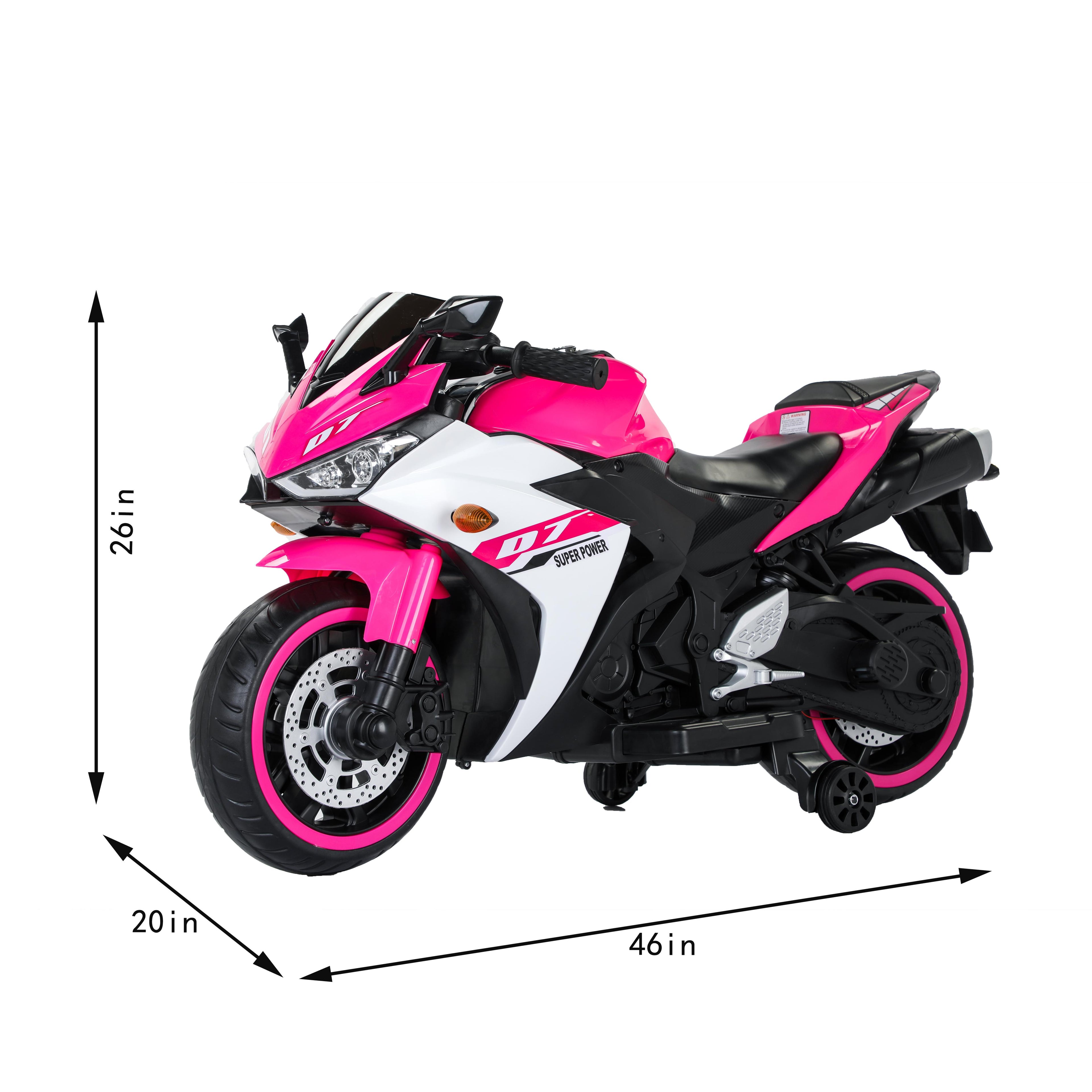12V Kids Electric Ride-On Motorcycle with Training Wheels and Headlight, Motorbike with MP3 and Light-Up Wheels, 46" L x 20" W x 26" H, Pink