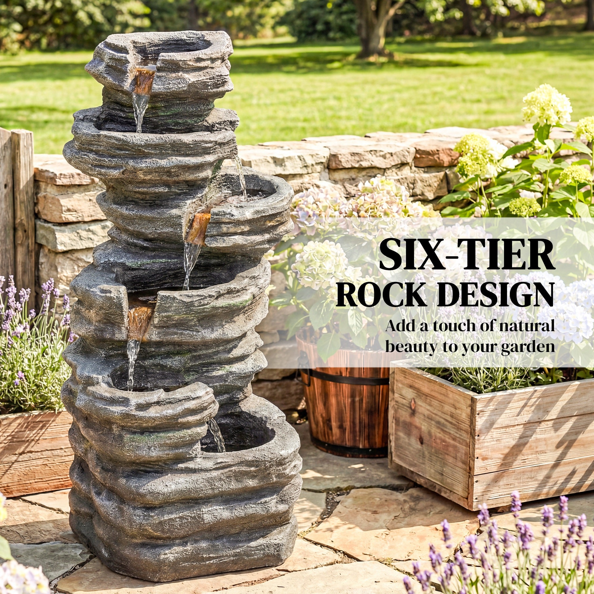 40" Tall Outdoor Waterfall Fountain with LED Lights, 6-Tier Cascading Waterfall Feature, Resin Garden Fountain, Gray