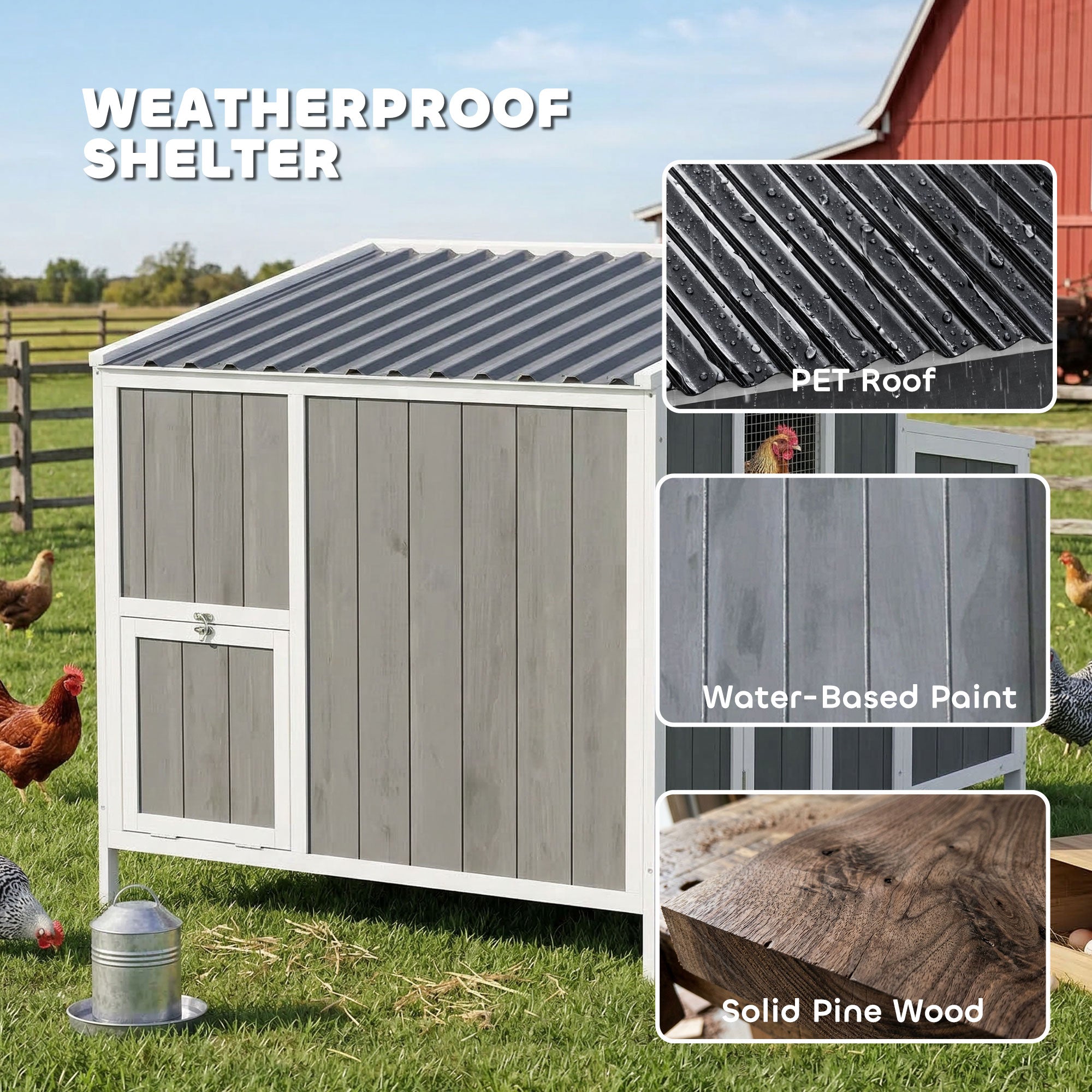 Chicken Coop, Wooden Chicken House for 4-6 Hens, Outdoor Hen House with Nesting Box, Pull-Out Tray and Weatherproof Roof