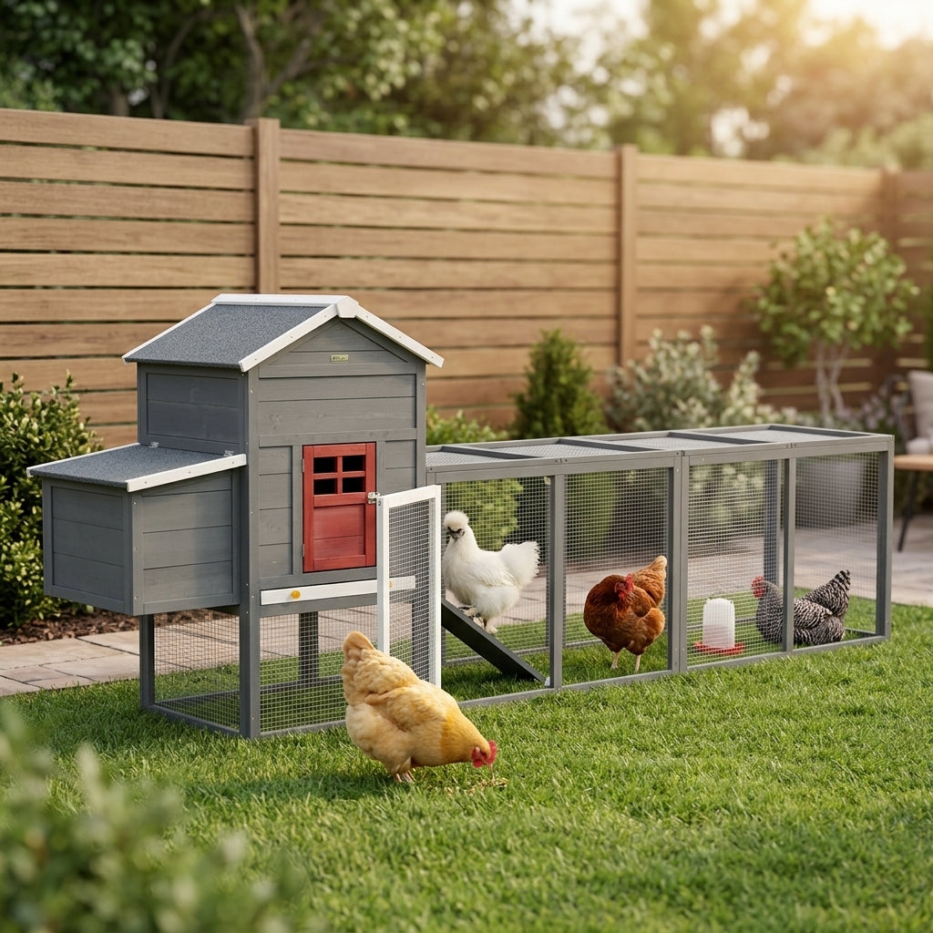 118" Extra Large Chicken Coop with Asphalt Roof, Wooden Hen Run with Slide-Out Tray and Nesting Box, Chicken Hutch for 3-6 Chickens, Gray