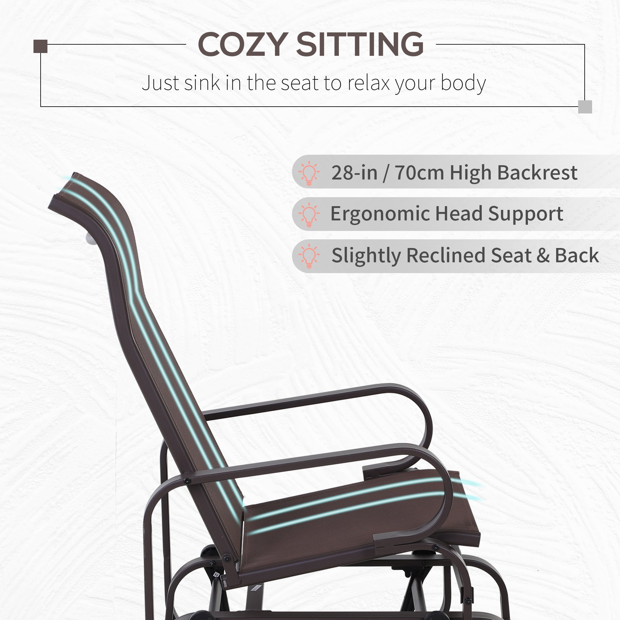 1-Person Outdoor Glider Swing, Single Rocker, Ergonomic Head Support, with Lightweight Metal & Mesh Construction, Supports Up to 352 lbs., for Backyard, Garden, Porch, Brown