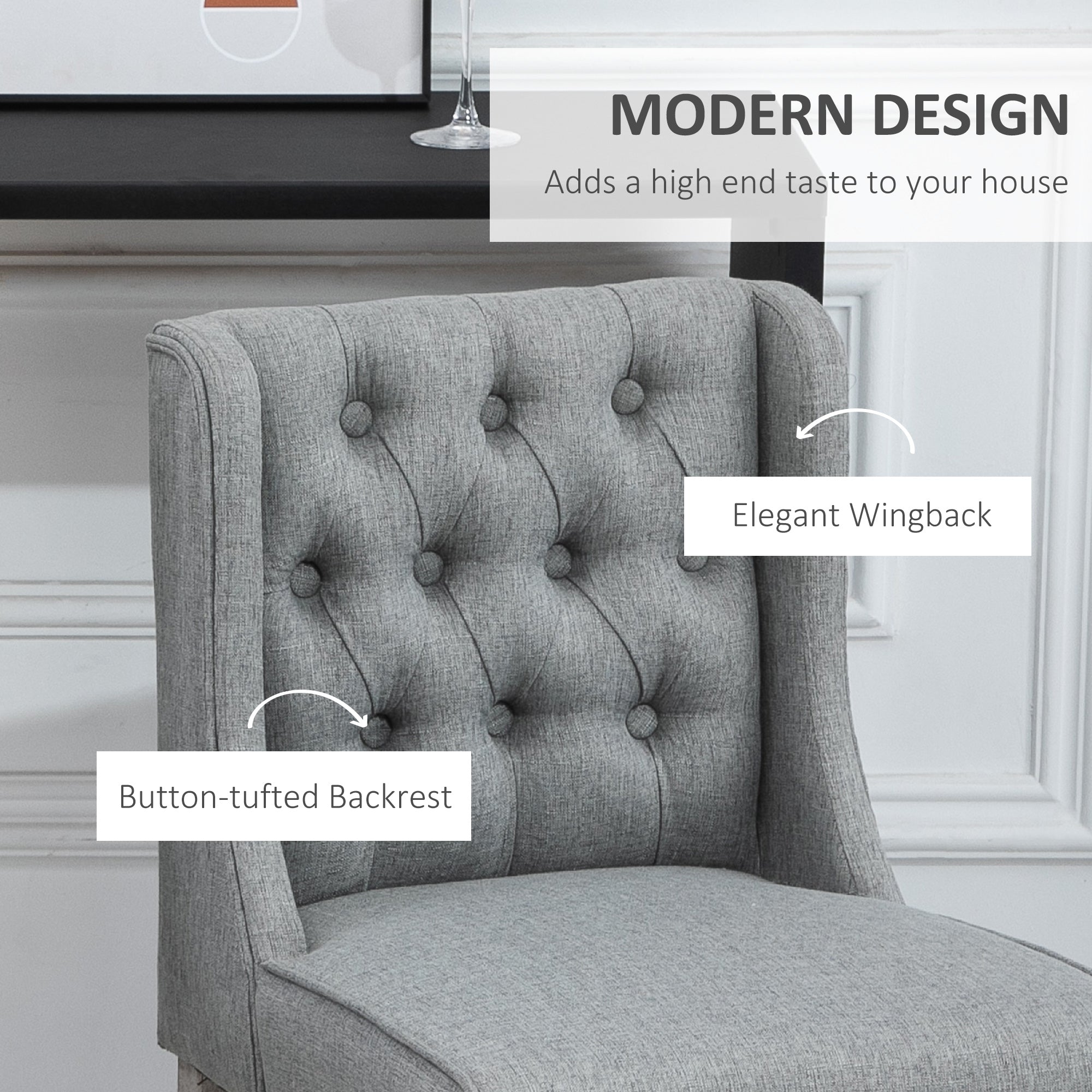 26.25" Counter Height Bar Stools, Tufted Wingback Armless Upholstered Dining Chair with Rubber Wood Legs, Set of 2, Gray