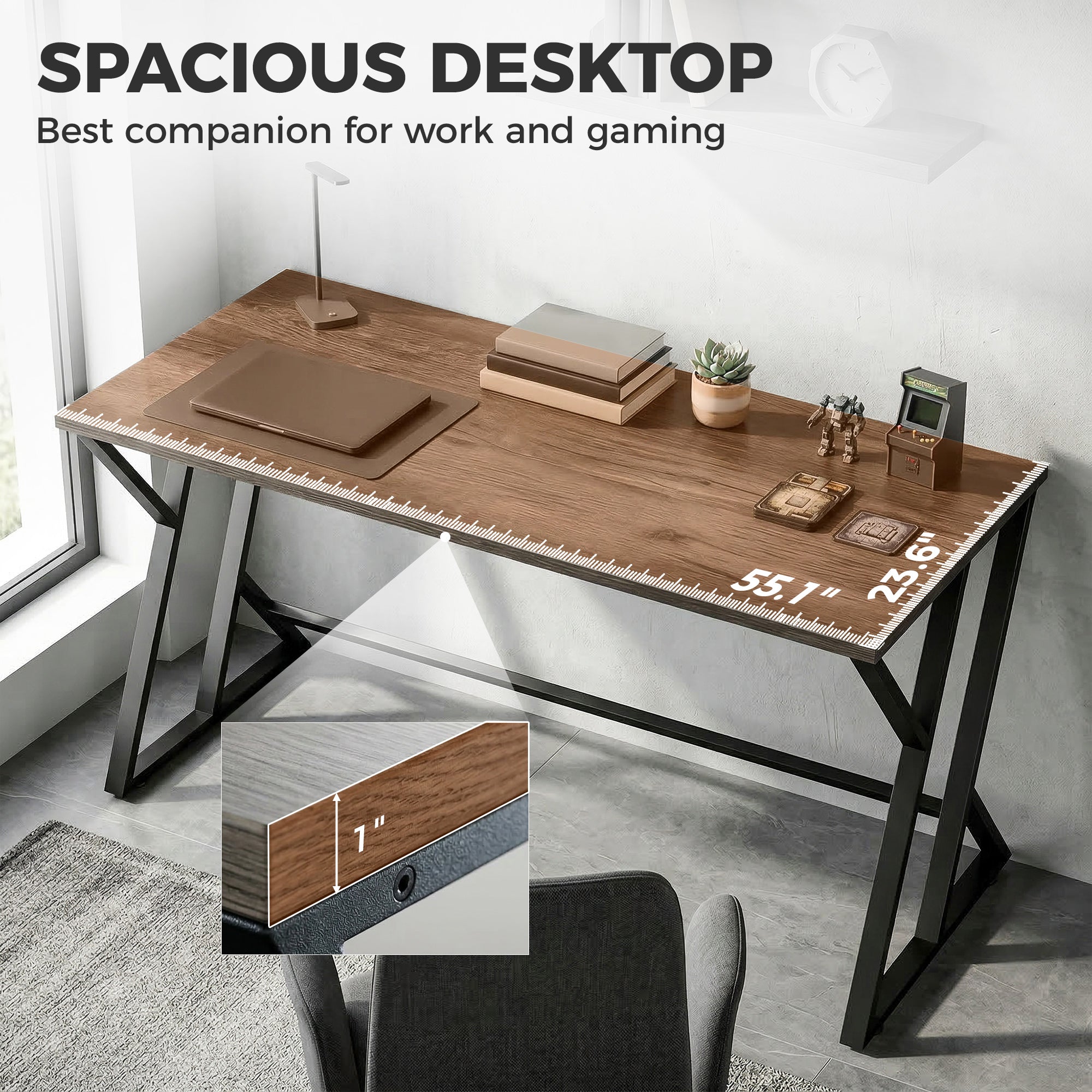 55 Inch Computer Desk, Industrial Writing Desk with Z-Shaped Metal Leg, Study Table for Home Office, Distressed Gray