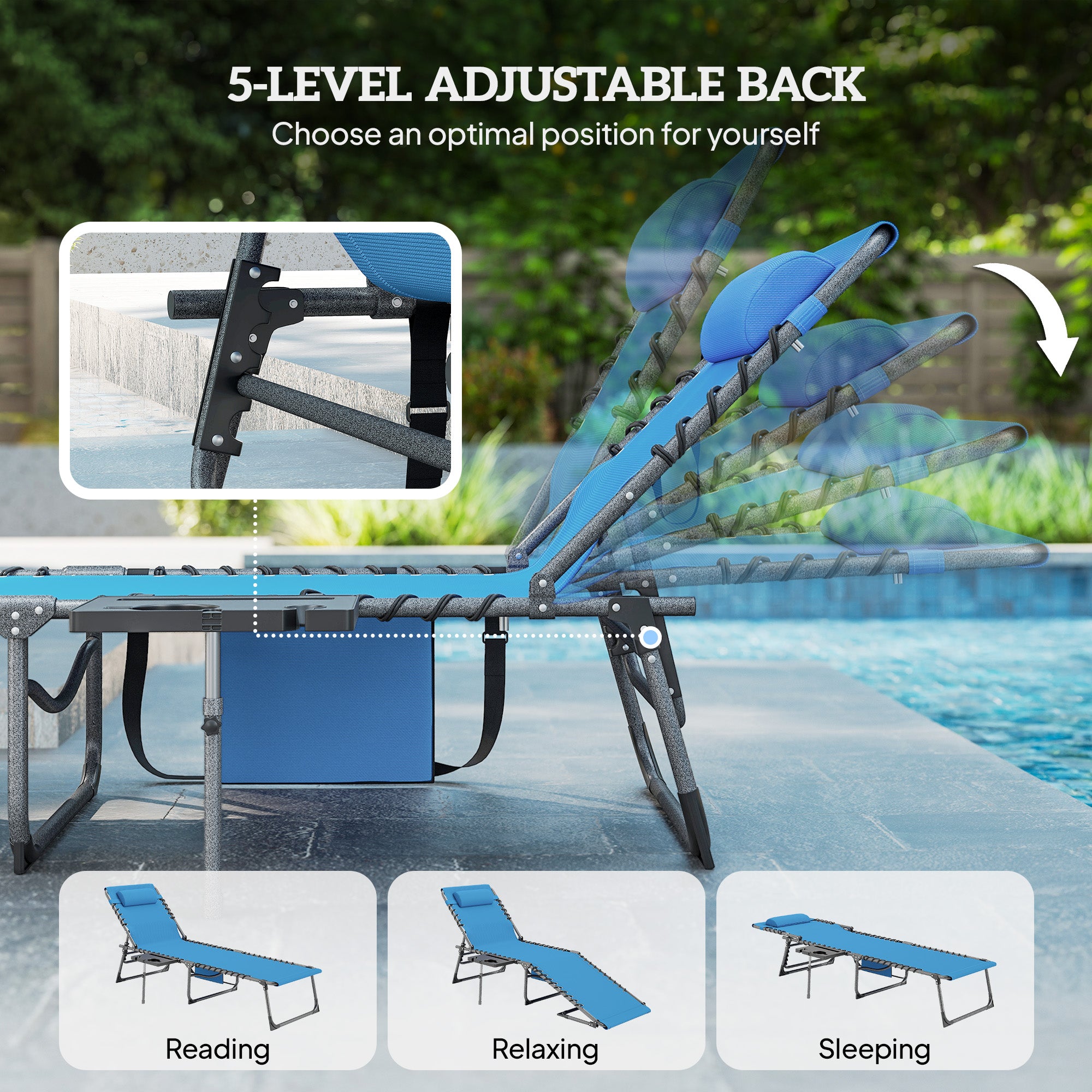 Folding Outdoor Chaise Lounge Chair Tanning Chair with 5-Level Adjustable Back, Side Table, Pillow, Pocket, Blue