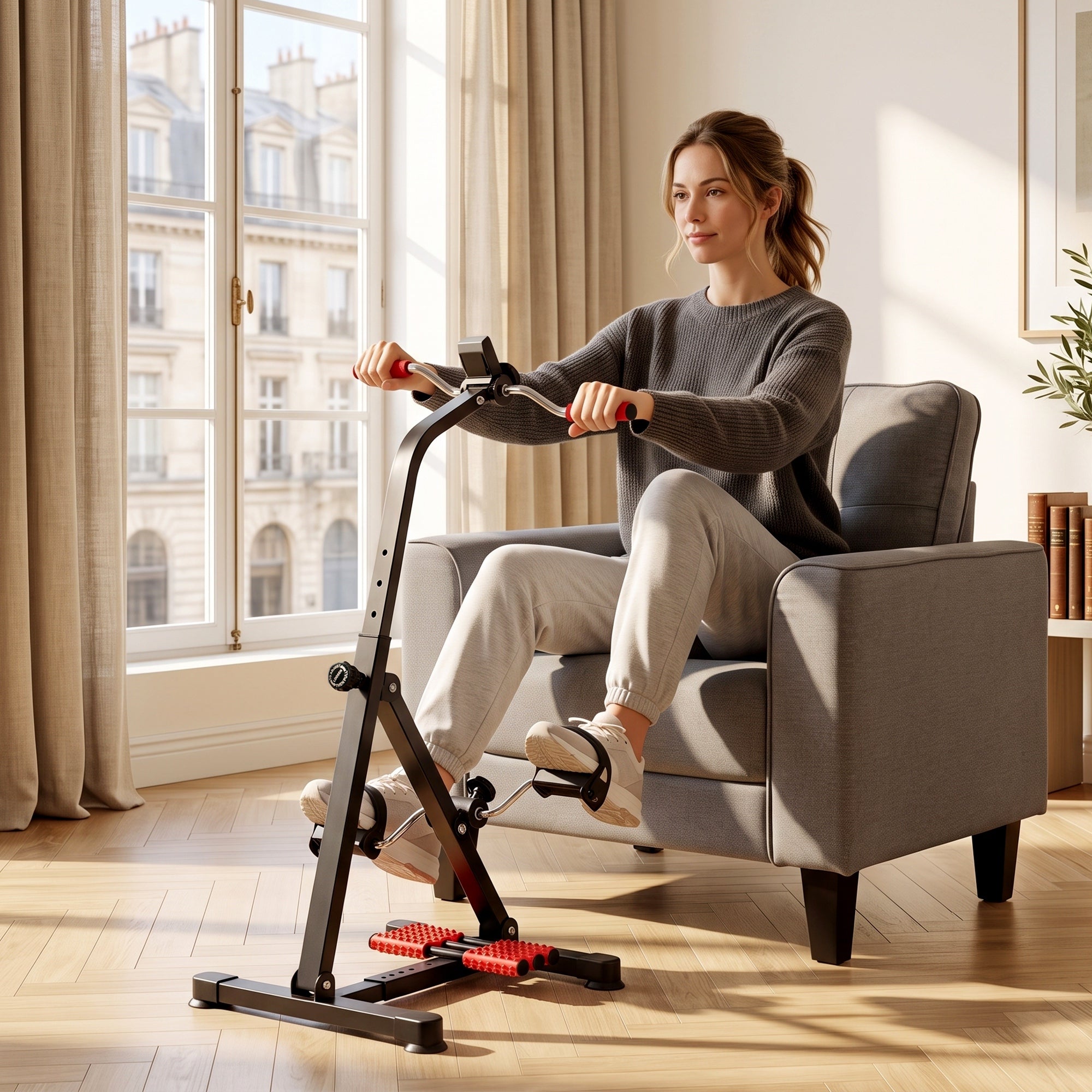 Pedal Exerciser, Hand Arm Knee and Leg Exercise Machine for Seniors, Height-adjustable, with LCD Display and Foot Massage Roller