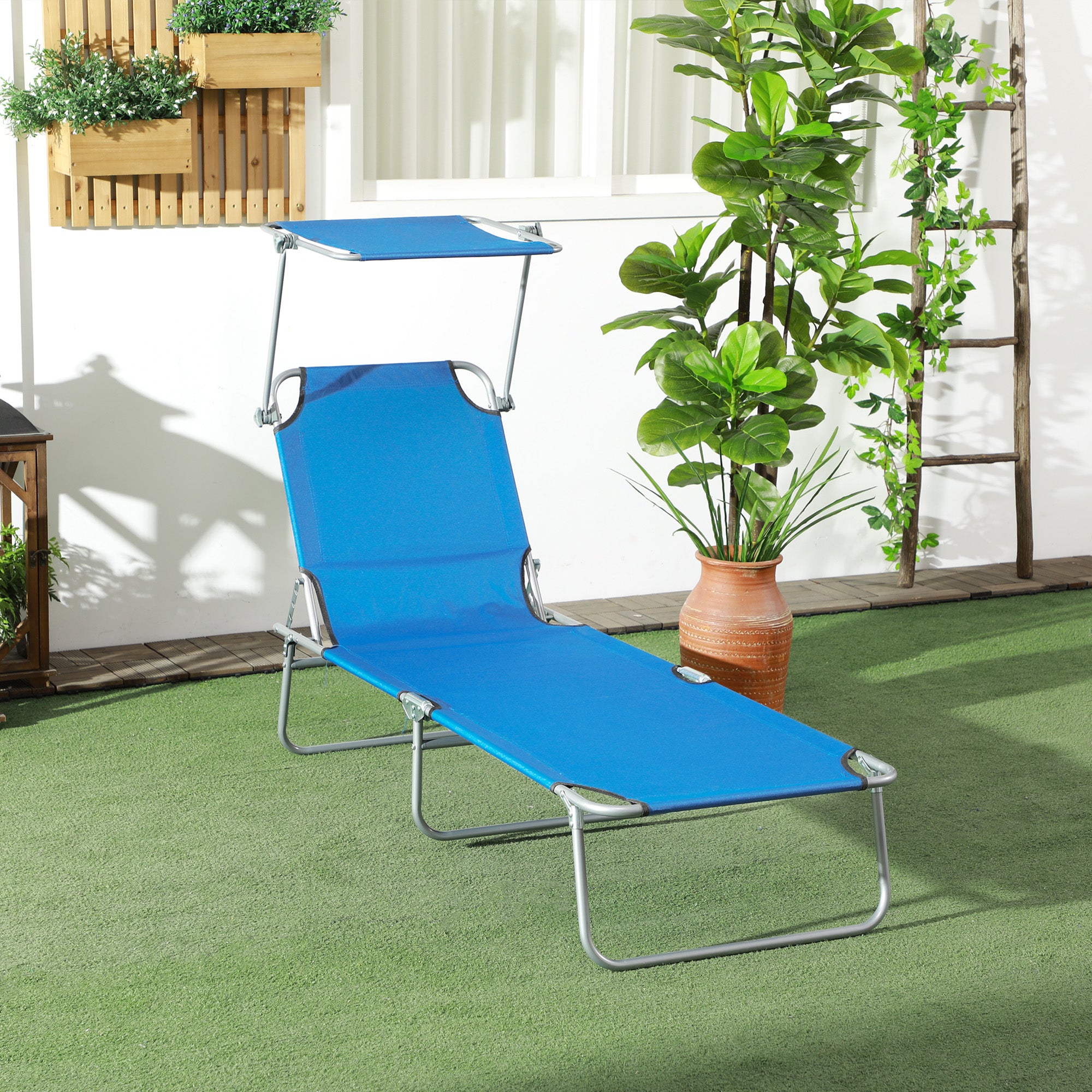 Outdoor Pool Chaise Lounge Chair, Folding Tanning Chair with Sun Shade, Blue