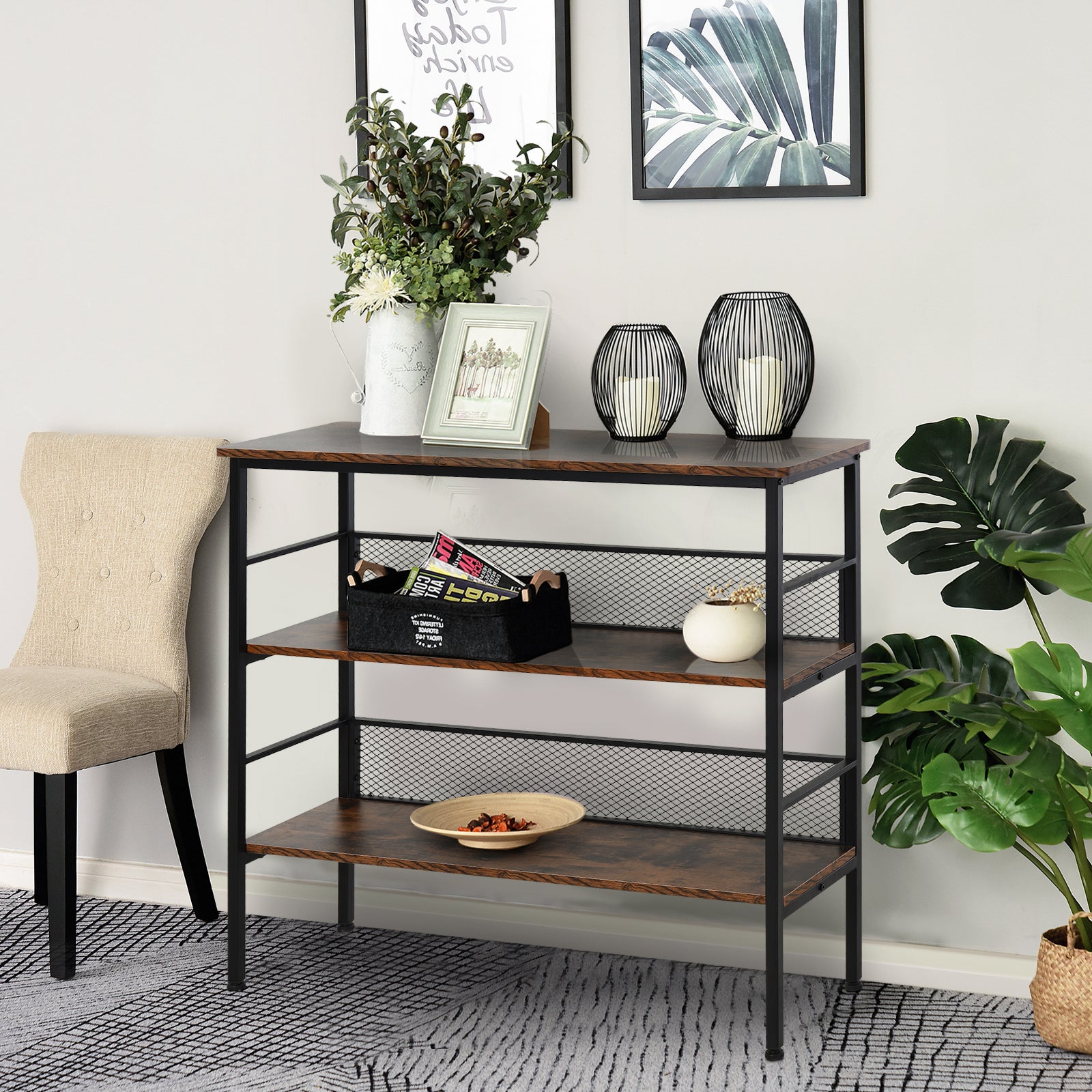 3-Tier Console Table Industrial Style Storage Metal Wooden Shelf with a Robust Multi-Functional Design & Adjustable Feet, Black