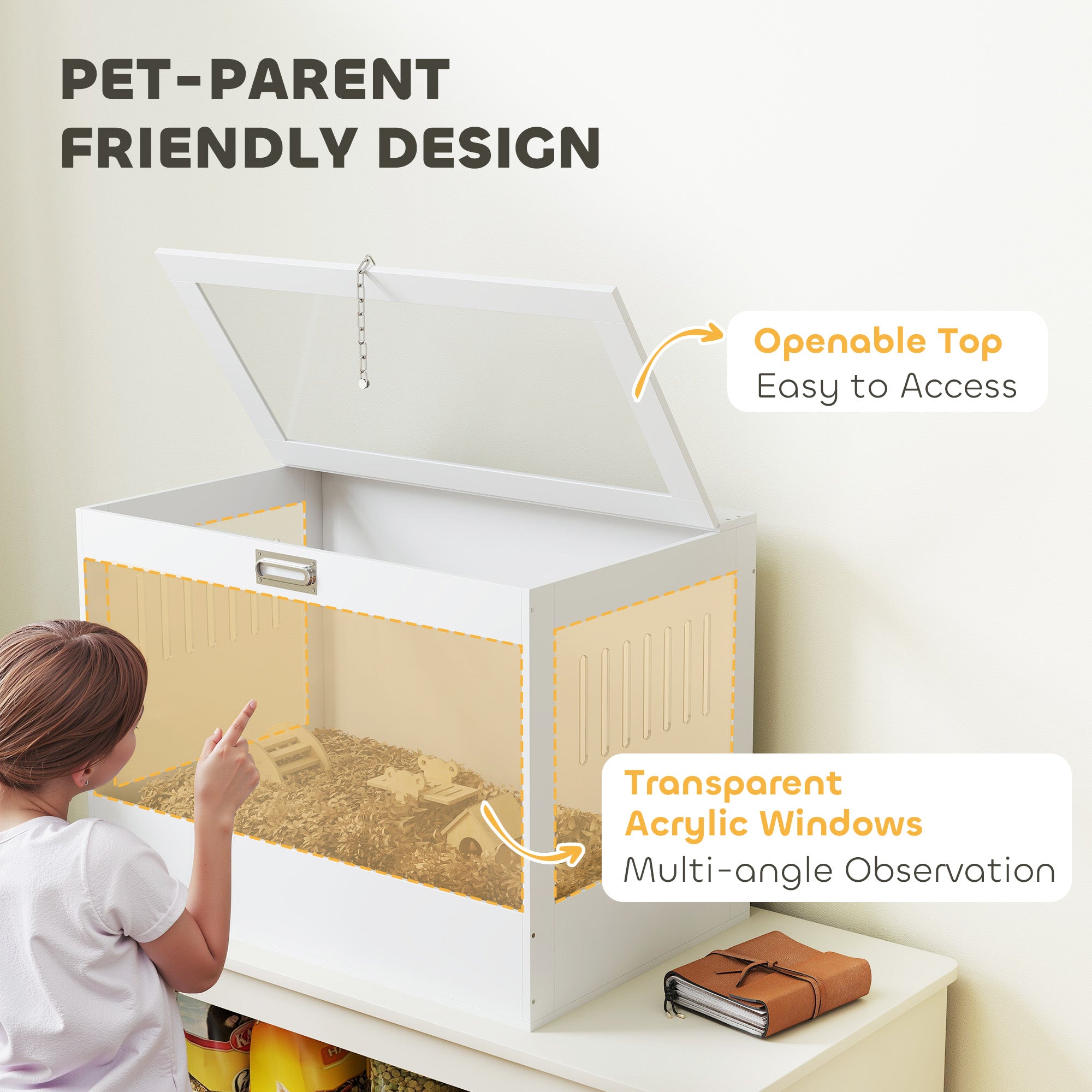 Hamster Cage with Openable Top & Lock, Hut, Transparent Acrylic Panels, Accessories, for Dwarf Hamster Gerbil, White