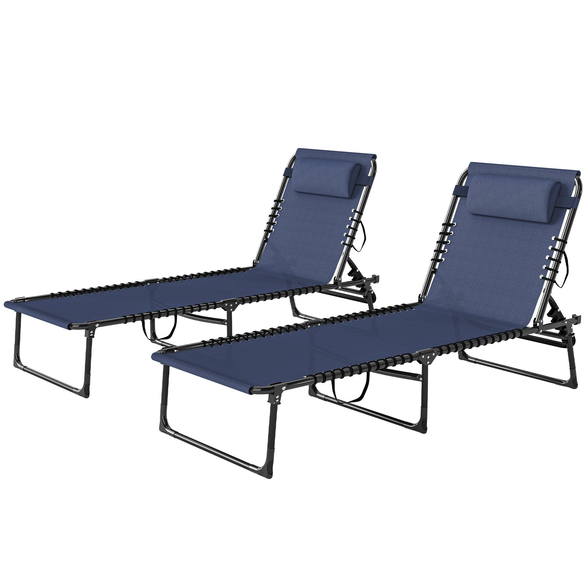 2 Folding Chaise Lounge Pool Chairs with 4-Position Reclining Back, Pillow, Breathable Mesh & Bungee Seat, Dark Blue