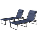 2 Folding Chaise Lounge Pool Chairs with 4-Position Reclining Back, Pillow, Breathable Mesh & Bungee Seat, Dark Blue