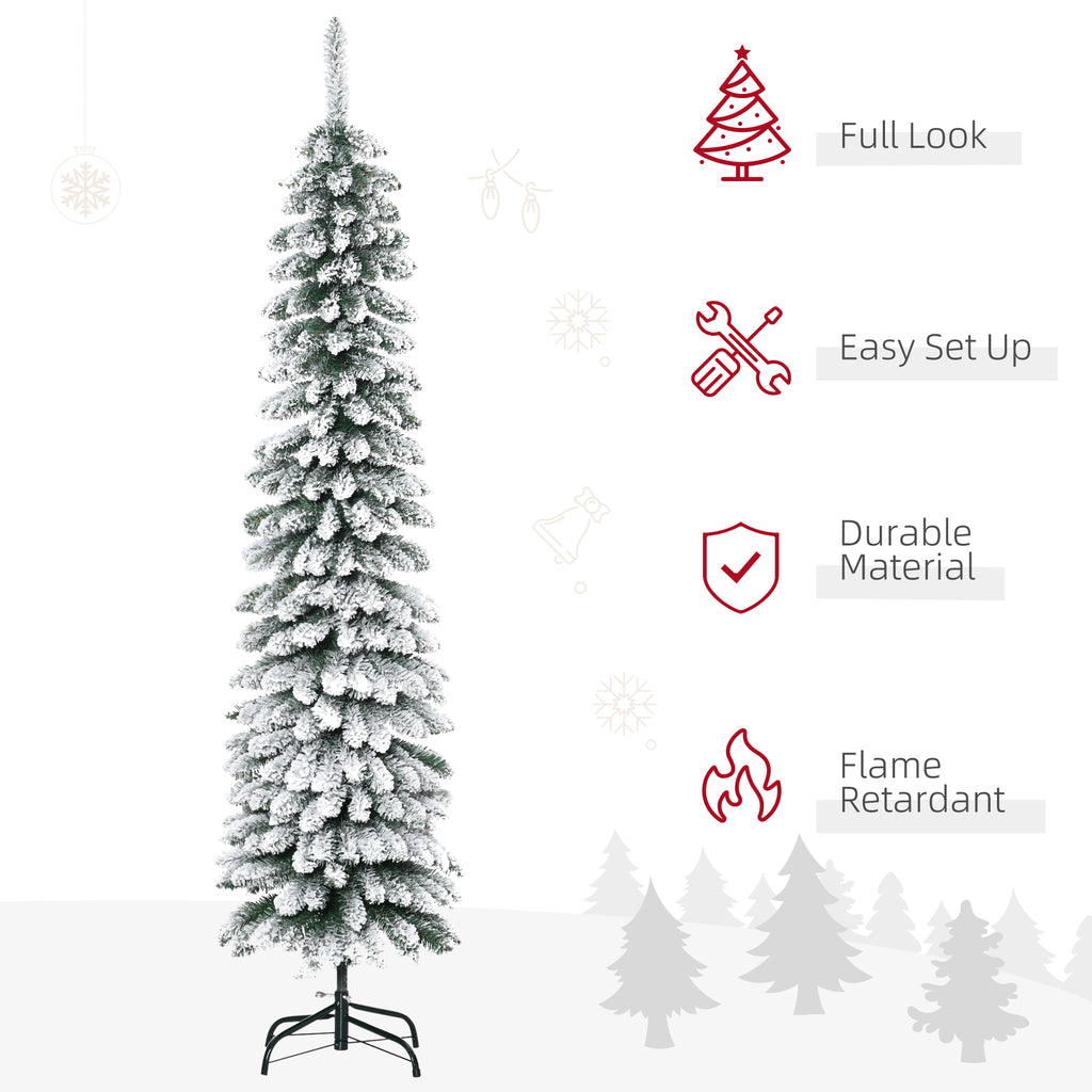 6' Tall Unlit Slim Pencil Xmas Tree, Snow Flocked Artificial Christmas Tree with Realistic Branches and 603 Tips, Green