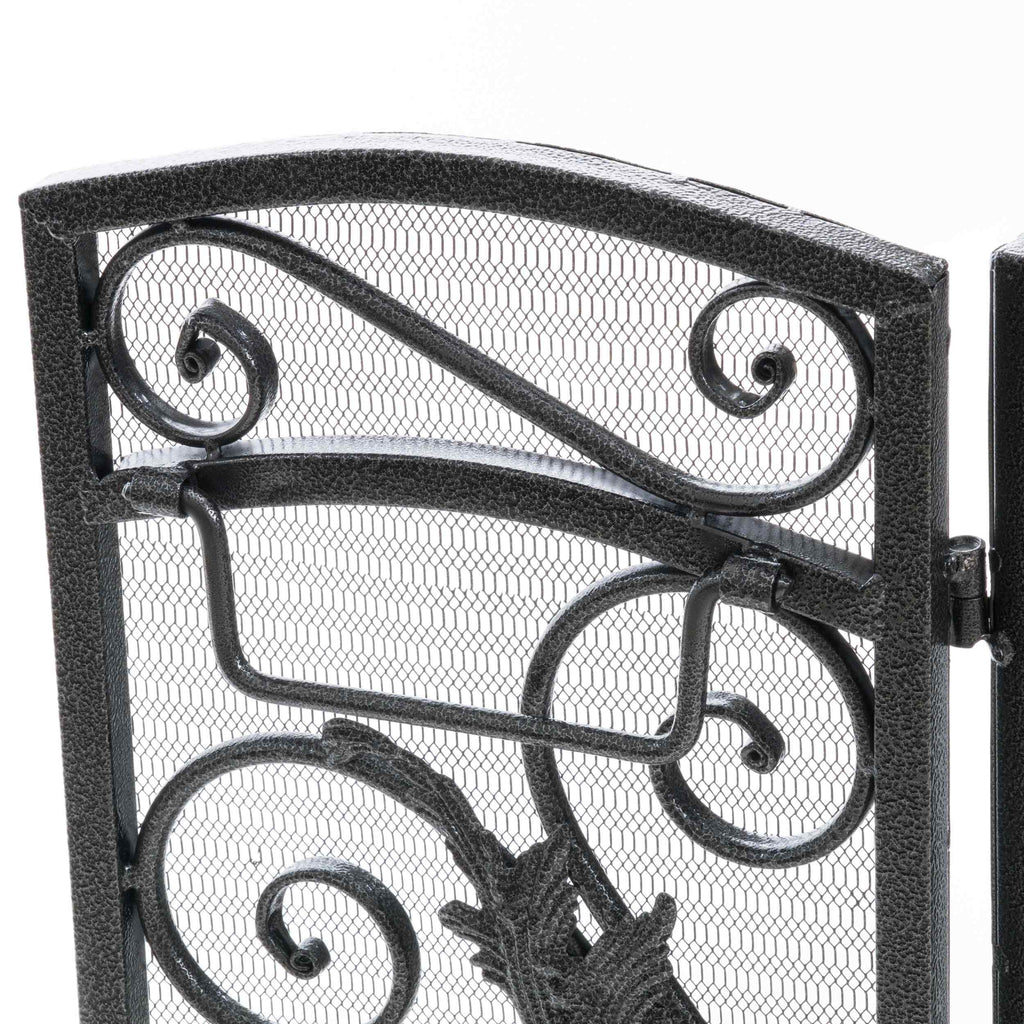 Retro style Fireplace Screen with Ornate Floral Iron Design and Three-Panel, No Assembly Required, 53.5" L x 2" W x 36.5" H, Black+Silver