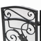 Retro style Fireplace Screen with Ornate Floral Iron Design and Three-Panel, No Assembly Required, 53.5" L x 2" W x 36.5" H, Black+Silver