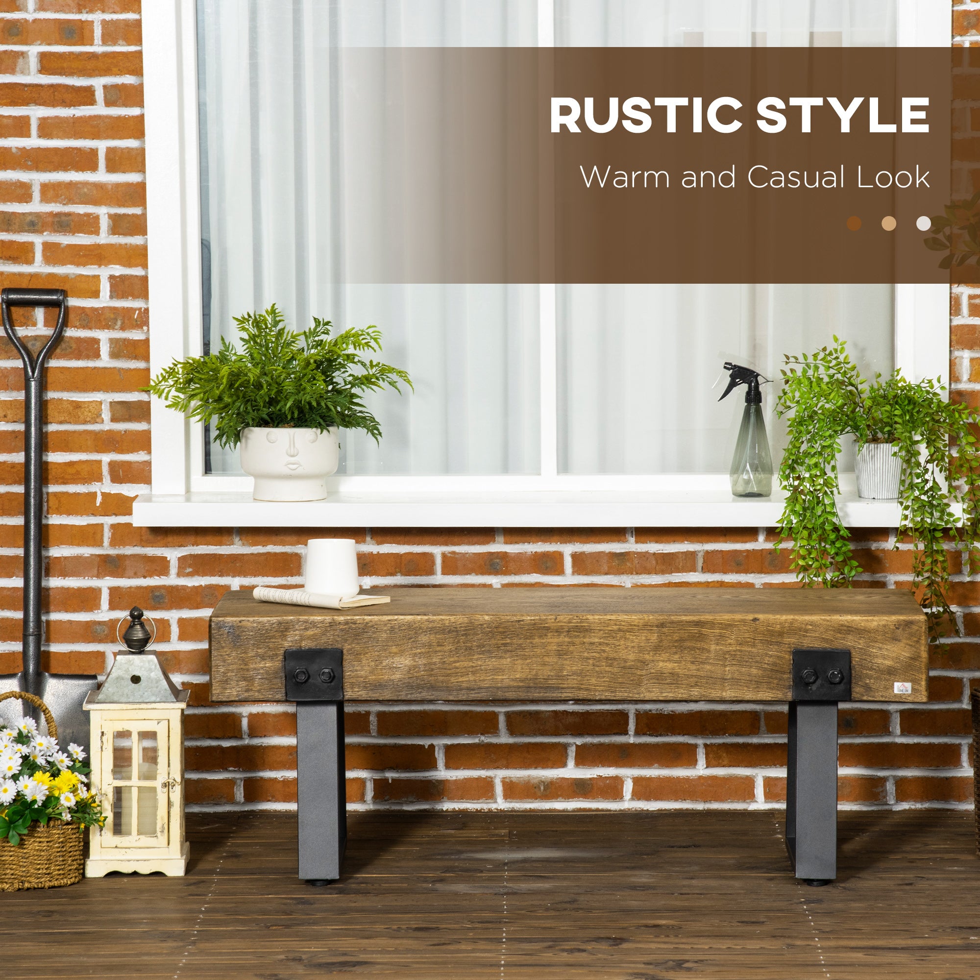 Garden Bench with Metal Legs, Rustic Wood Effect Concrete Entryway Bench, End of Bed Bench, Indoor Outdoor Use for Patio, Park, Porch and Lawn, Natural and Black