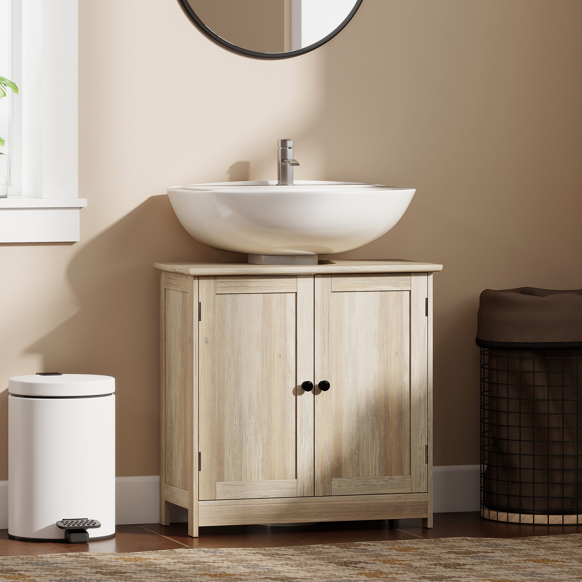 Bathroom Vanity Cabinet, Under Sink Bathroom Cabinet with 2 Doors and Adjustable Shelf, Weathered Gray Oak
