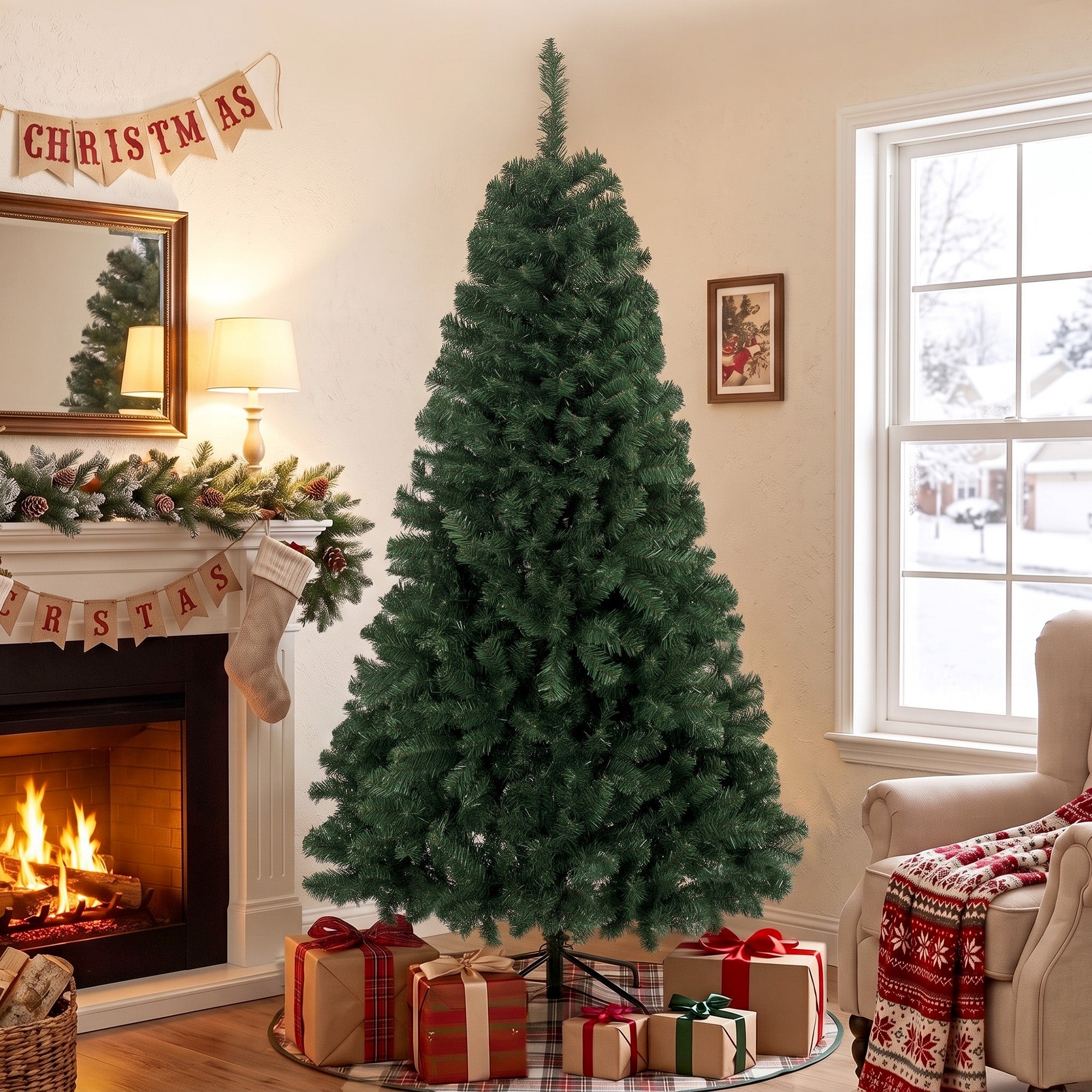6 ft Artificial Christmas Tree, Norway Spruce Tree, Hinged Xmas Tree with Metal Stand