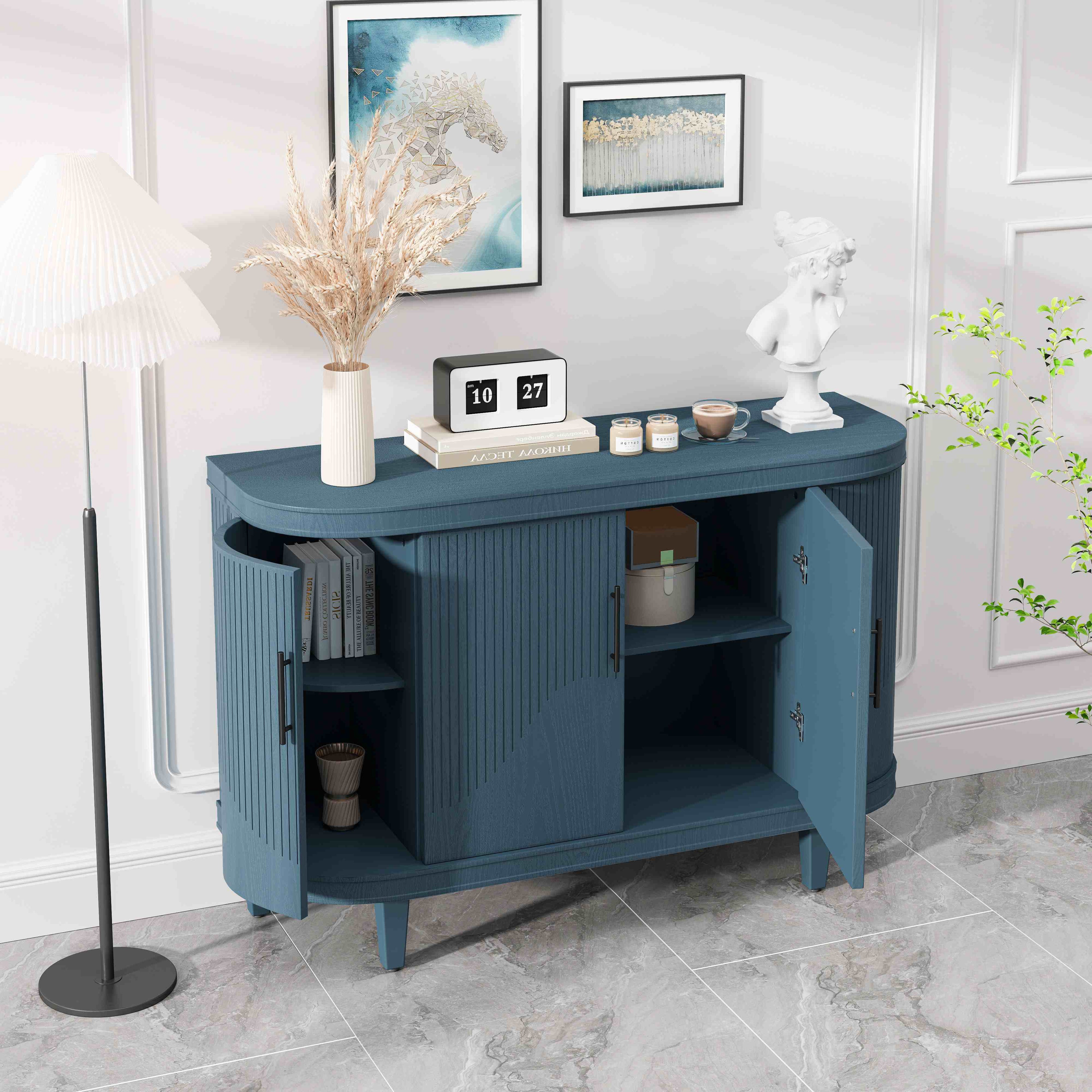 Modern Curved Sideboard, 47.2-Inch Decorative Storage Cabinet with 4 Doors, Adjustable Interior Shelves, Wooden Console Table for Living Room, Kitchen, Bedroom, Hallway, Blue