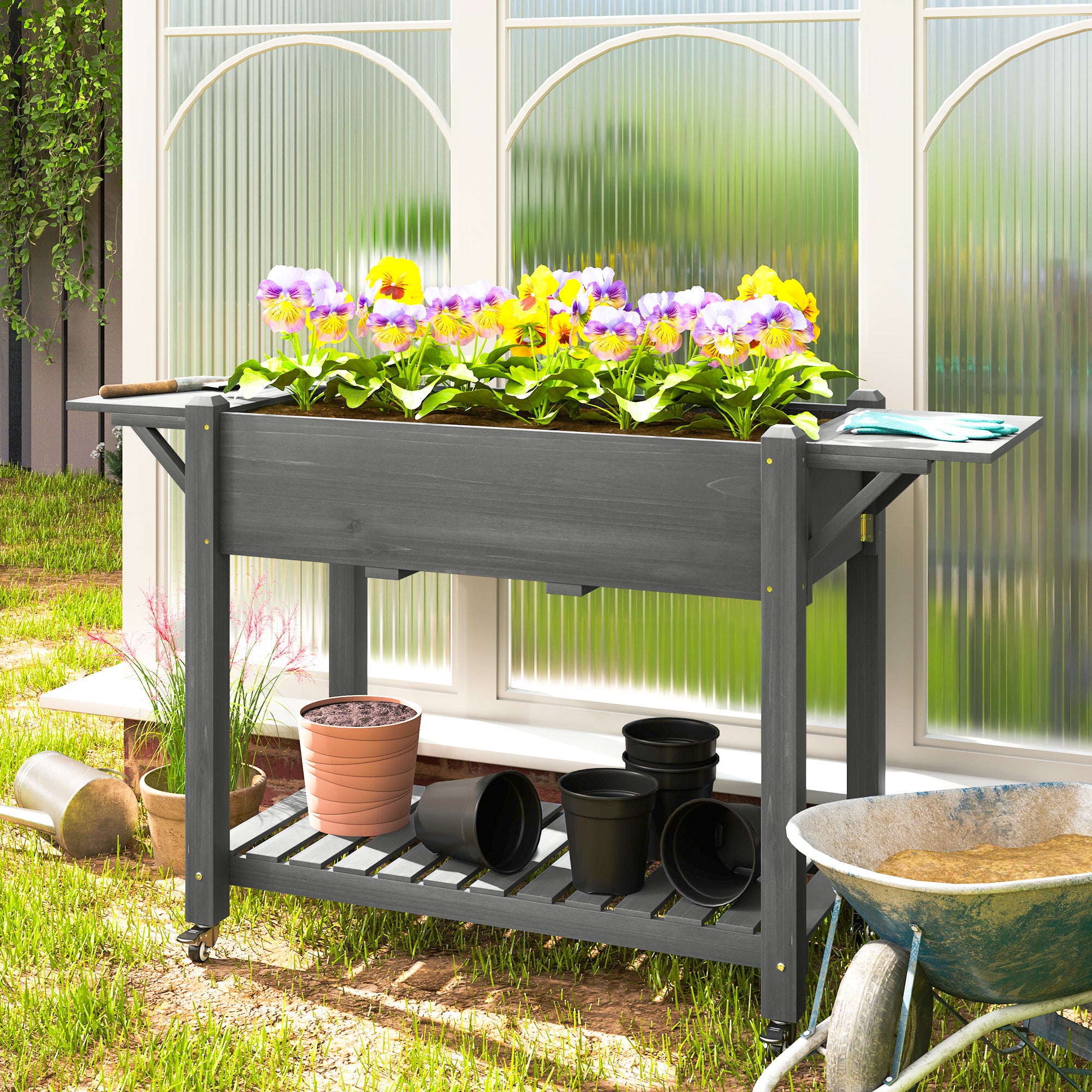 Wood Raised Planter Box, Elevated Garden Bed with Lockable Wheels, Side Tables, Bottom Shelf, Drain Holes, Gray