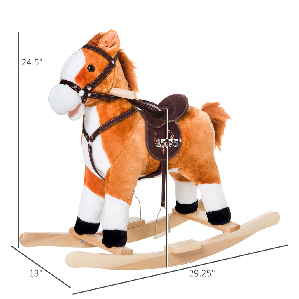 Kids Plush Toy Rocking Horse, Wooden Ride-on Chair, Plush Animal Rocker with Realistic Sounds and Moving Tail for Toddlers, Brown